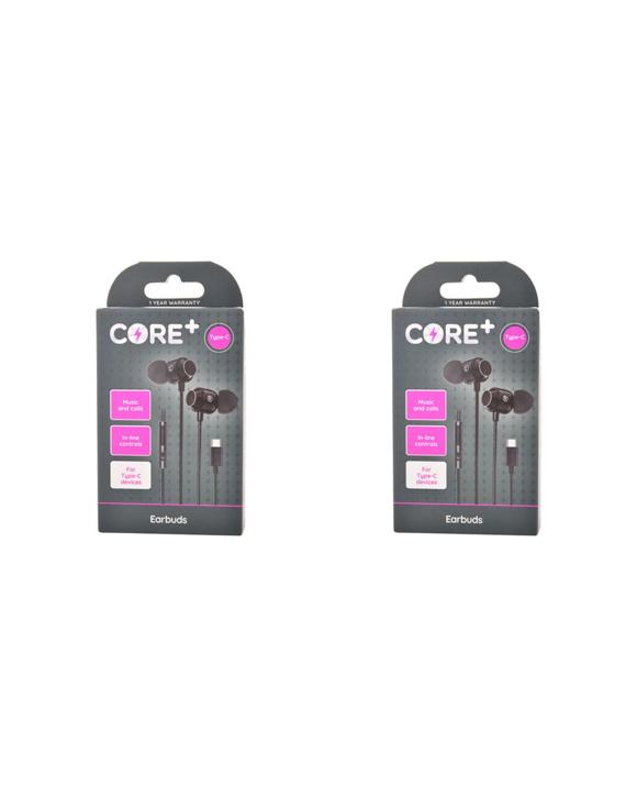 CORE 2PK Type-C Earbuds Wired Earphones In-Ear Headphones With Mic 1.2m - Black