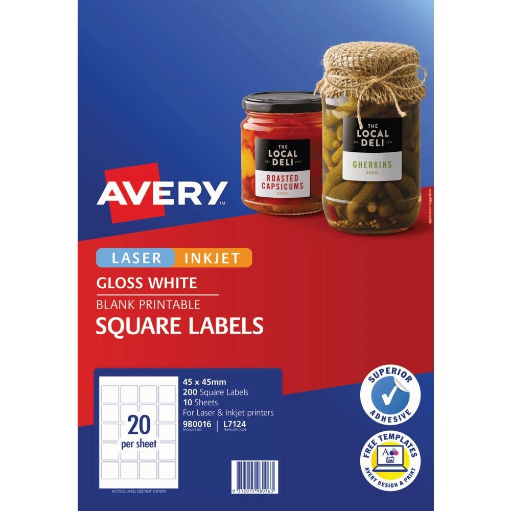 2 Avery 20UP Inkjet Laser Square Labels 45mm White 10 Sheets, 2 of 6