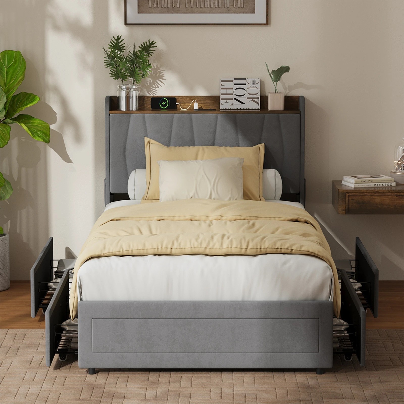 4 Oikiture Bed Frame King Single Size with 4 Drawers Charging Station USB Ports - Grey, 4 of 7