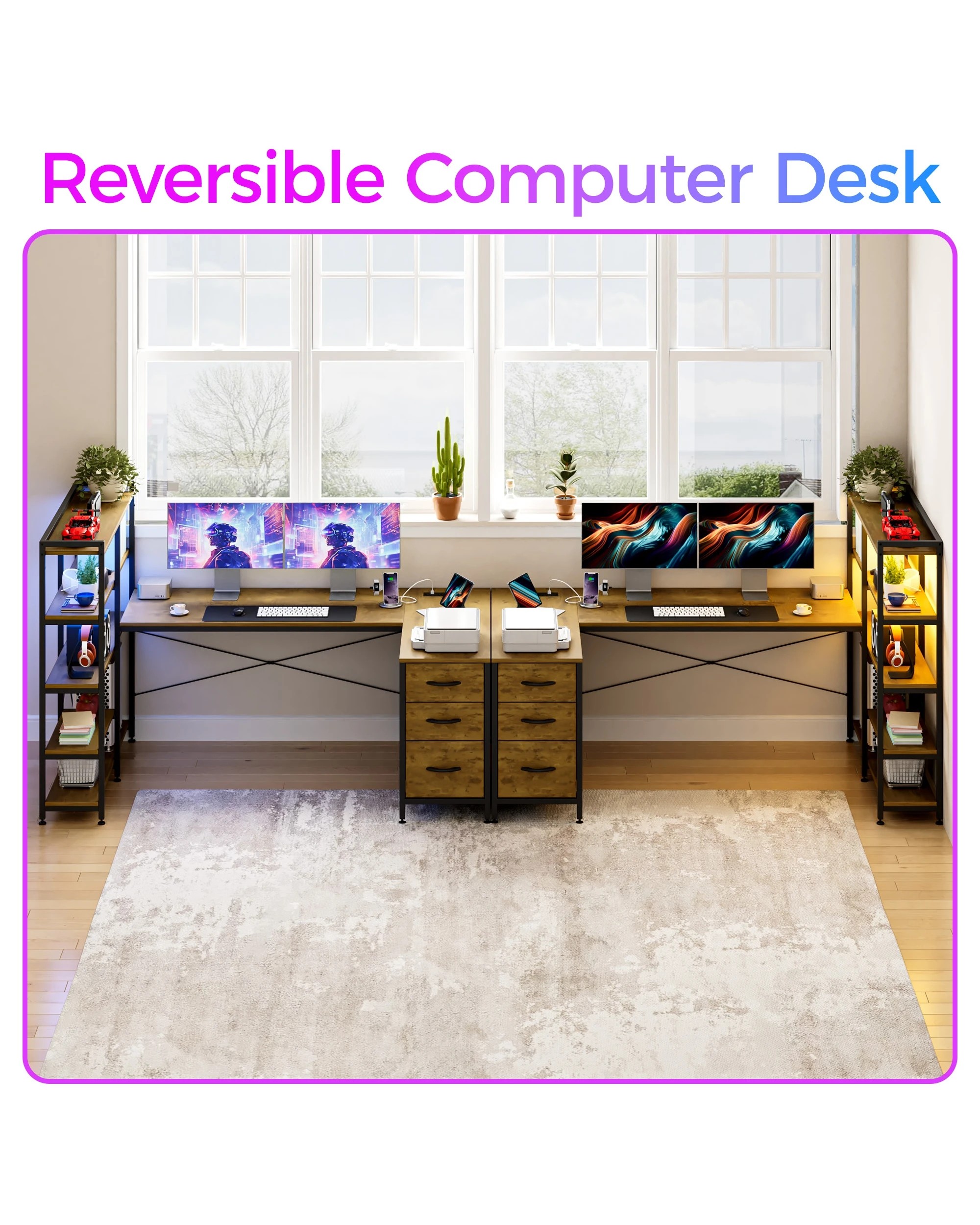 8 Advwin U Shaped Gaming Desk With Led Lights & Power Outlets Reversible 164cm Computer Desk With Bookshelf Walnut, 8 of 10