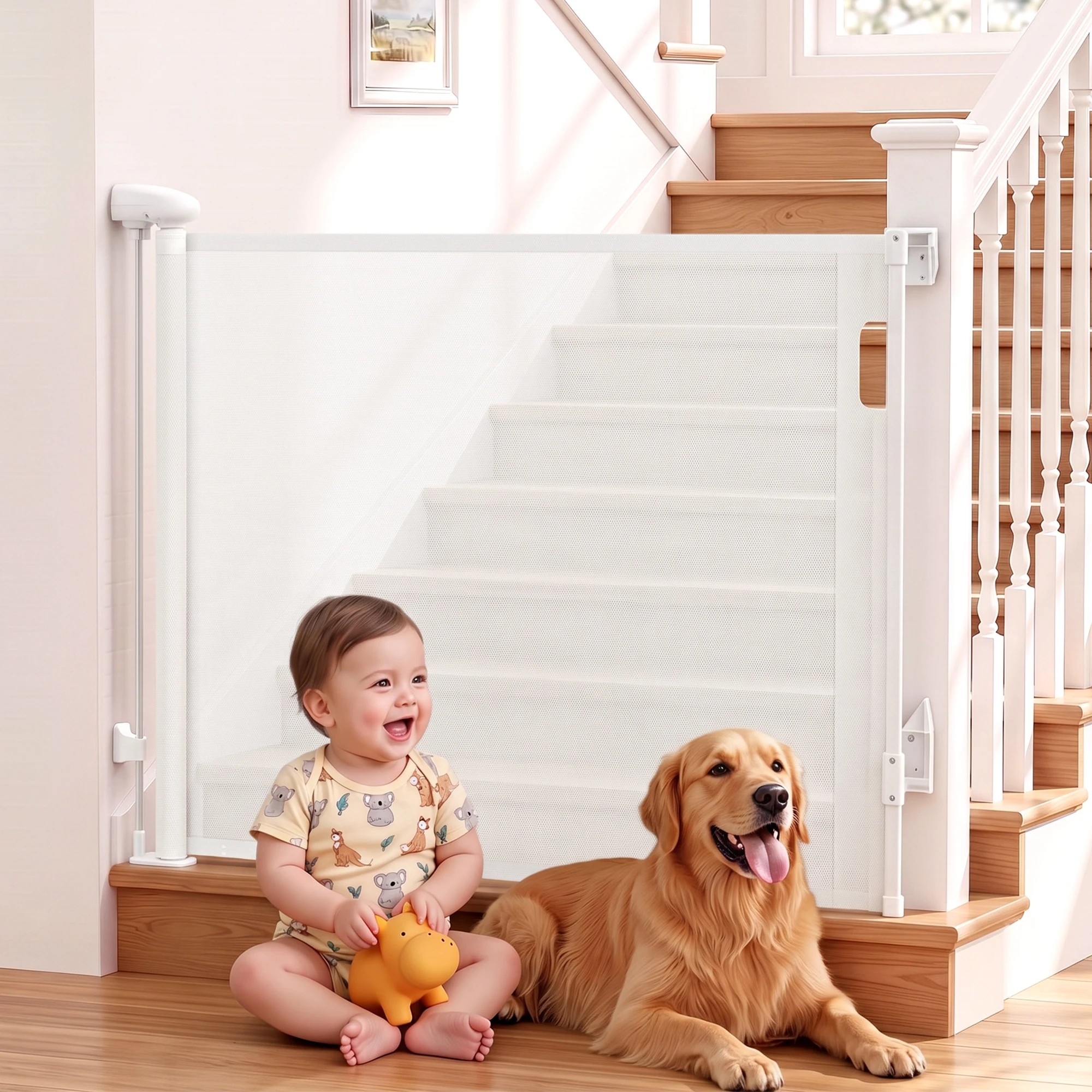 2 Keezi Retractable Gate Extends up to 140cm Baby Gate Pet Safety Fence White - White, 2 of 8