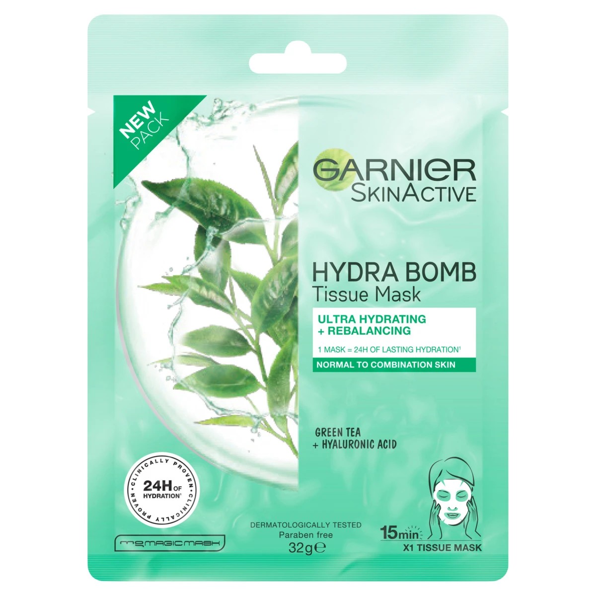 1 Garnier SkinActive Hydra Bomb Tissue Mask 32g - Green Tea & Hyaluronic Acid, 1 of 5