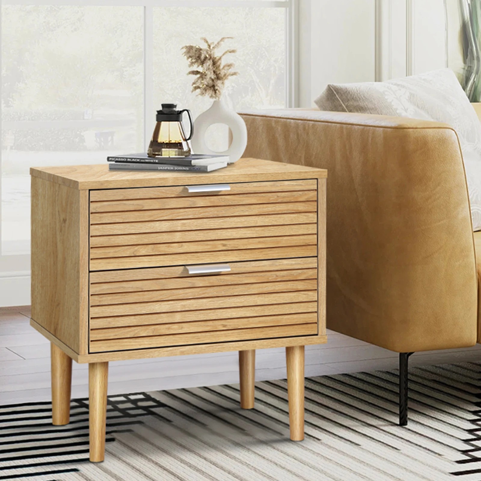 6 Alfordson Bedside Table Nightstand Side Storage Cabinet Slatted Drawer - Oak, 6 of 10
