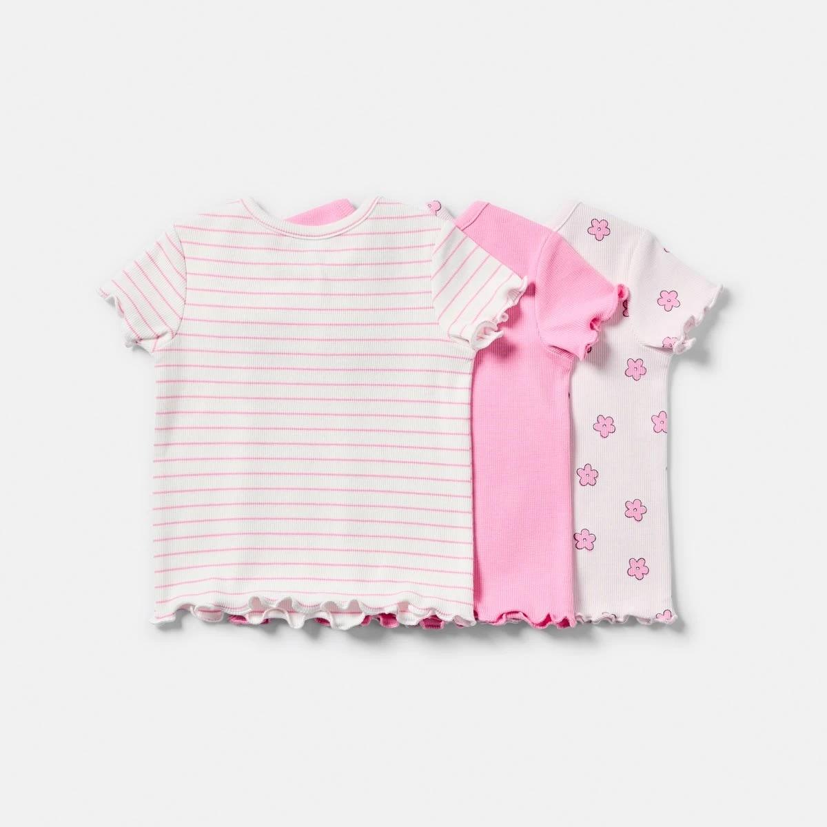 2 3 Pack Short Sleeve Ribbed T-shirt PINK DAISIES, 2 of 8