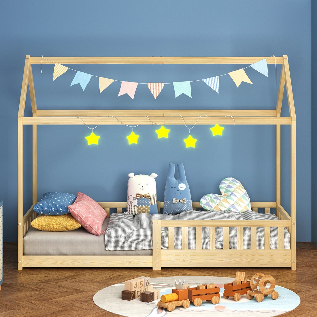 3 Alfordson Kids Bed Frame Wooden Timber Single House Frame Platform Base - Natural, 3 of 10
