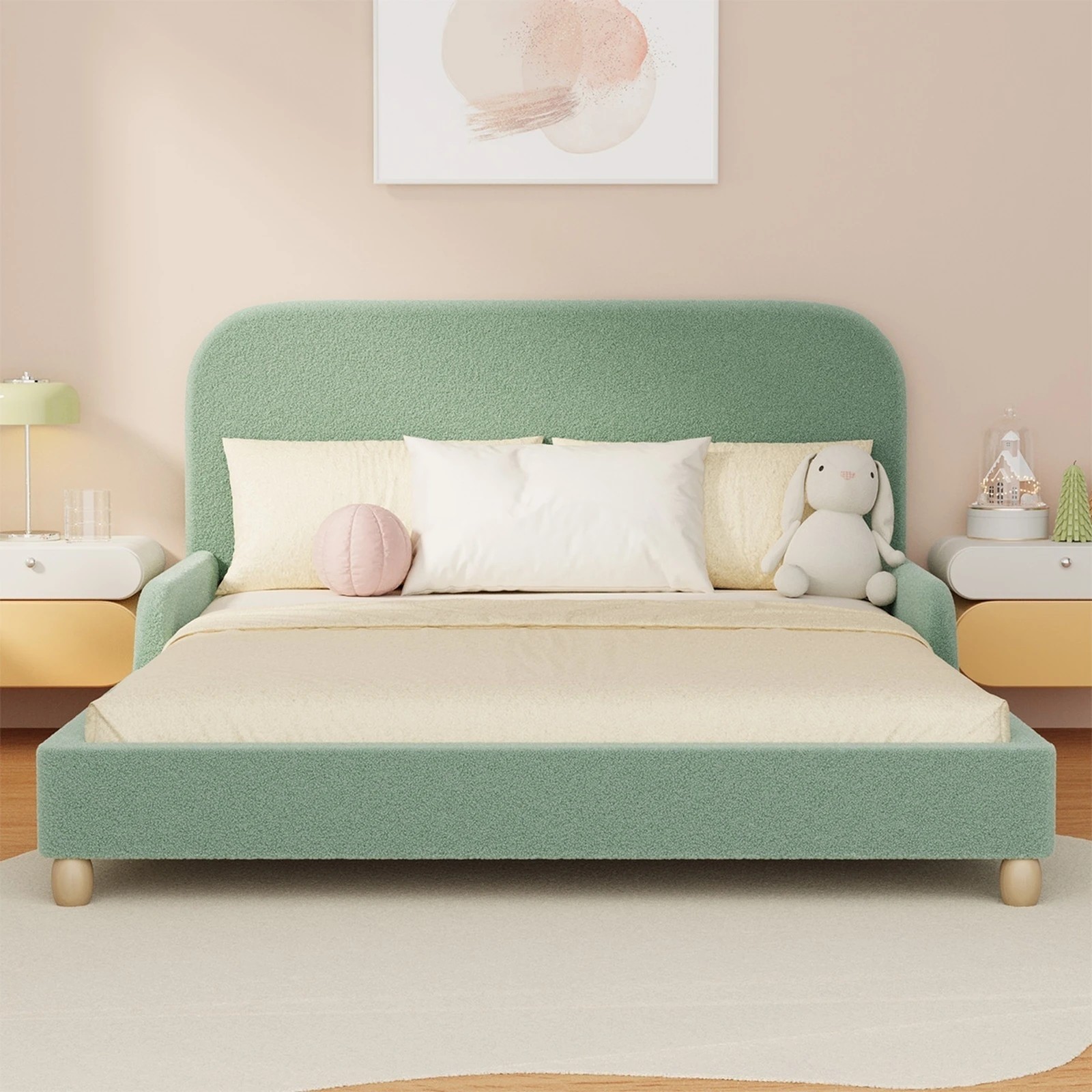 4 Oikiture Kids Bed Frame Double Size Base with Side Guard Rails Boucle - Green, 4 of 8