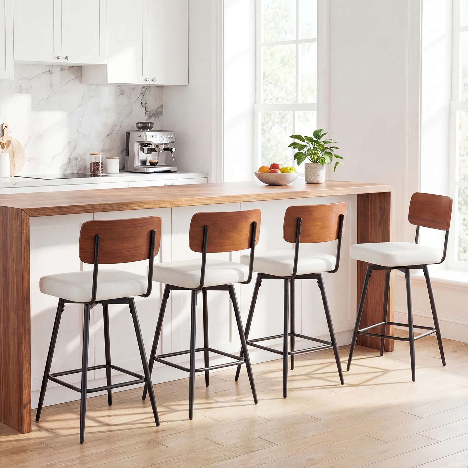 3 Costway 2PCS Bar Stools Padded Barstools Swivel Counter Height Chair w/Footrest - White, 3 of 4