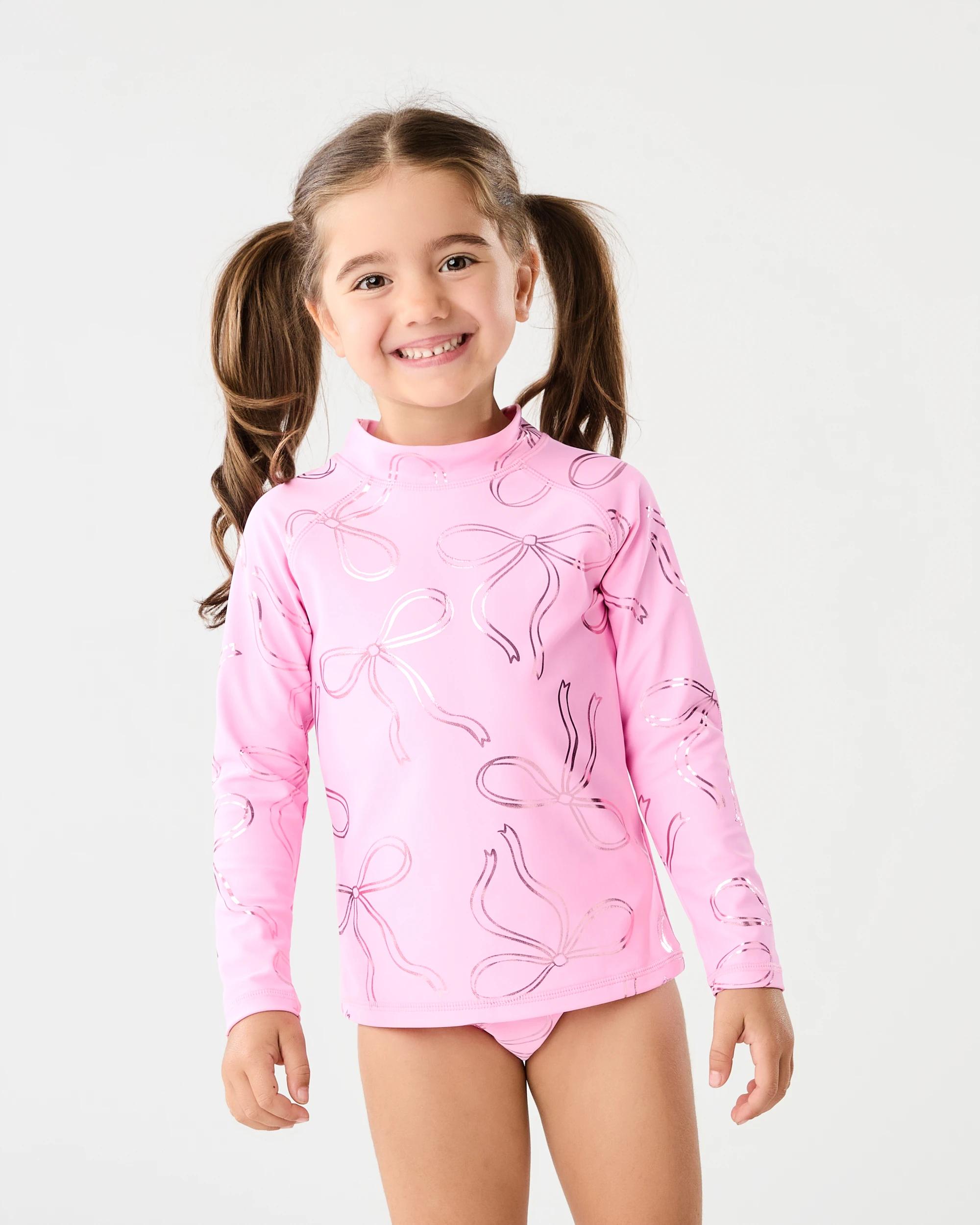 2 2 Piece Long Sleeve Rash Swim Set Pink Bows, 2 of 5