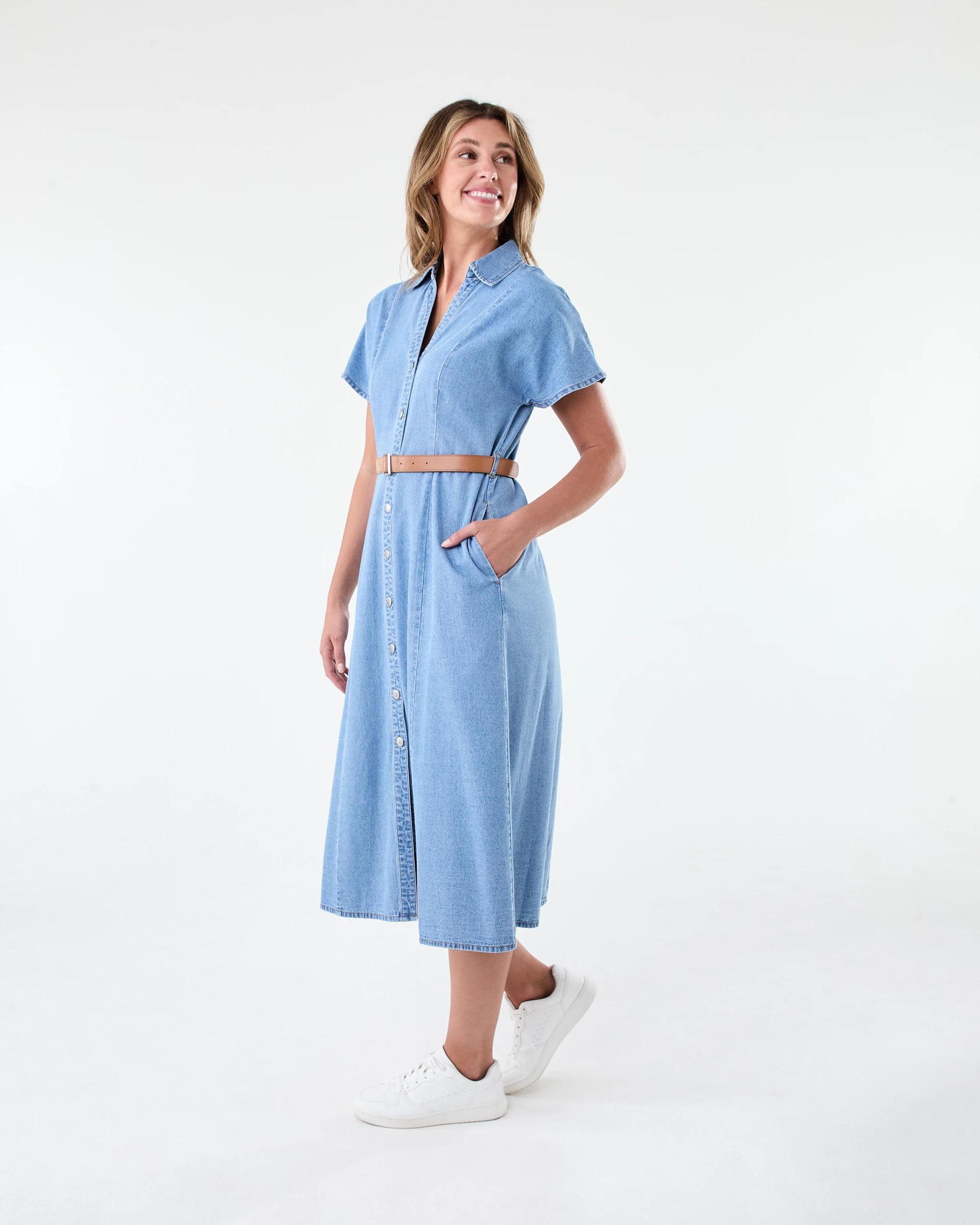 2 Short Sleeve Chambray Shirt Midi Dress Light Wash, 2 of 7