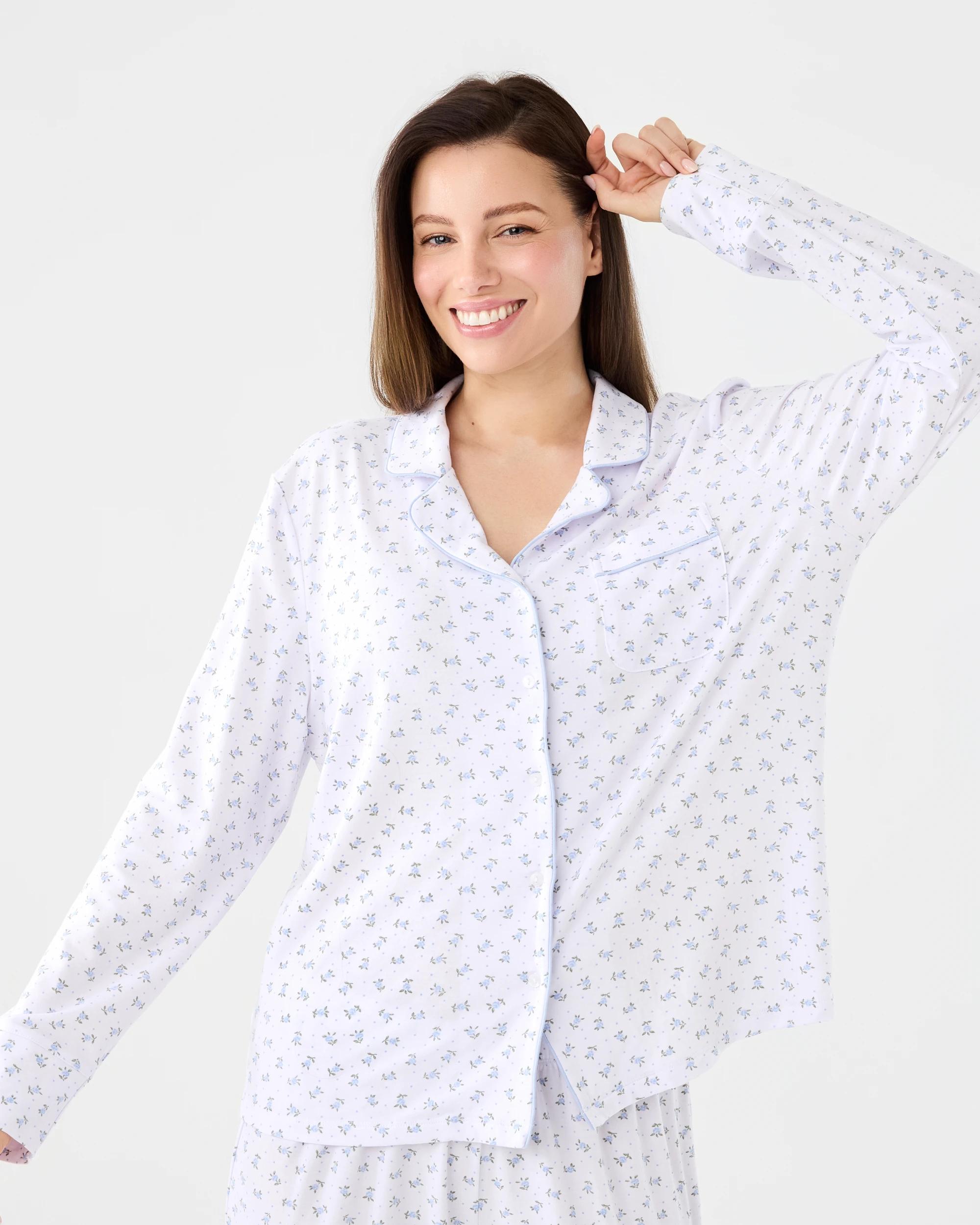 4 Long Sleeve Top and Pants Comfort Pyjama Set Blue Rose, 4 of 7