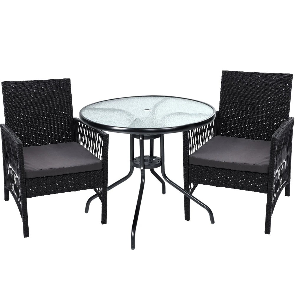 1 Gardeon 3PC Bistro Set Outdoor Furniture Rattan Table Chairs Cushion Patio - Black, 1 of 5