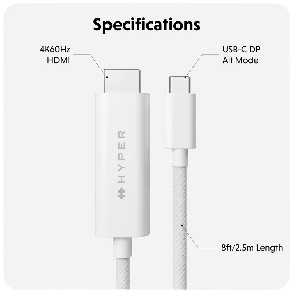 8 HyperDrive USB-C to HDMI 4K60Hz Cable 2.5m White, 8 of 8