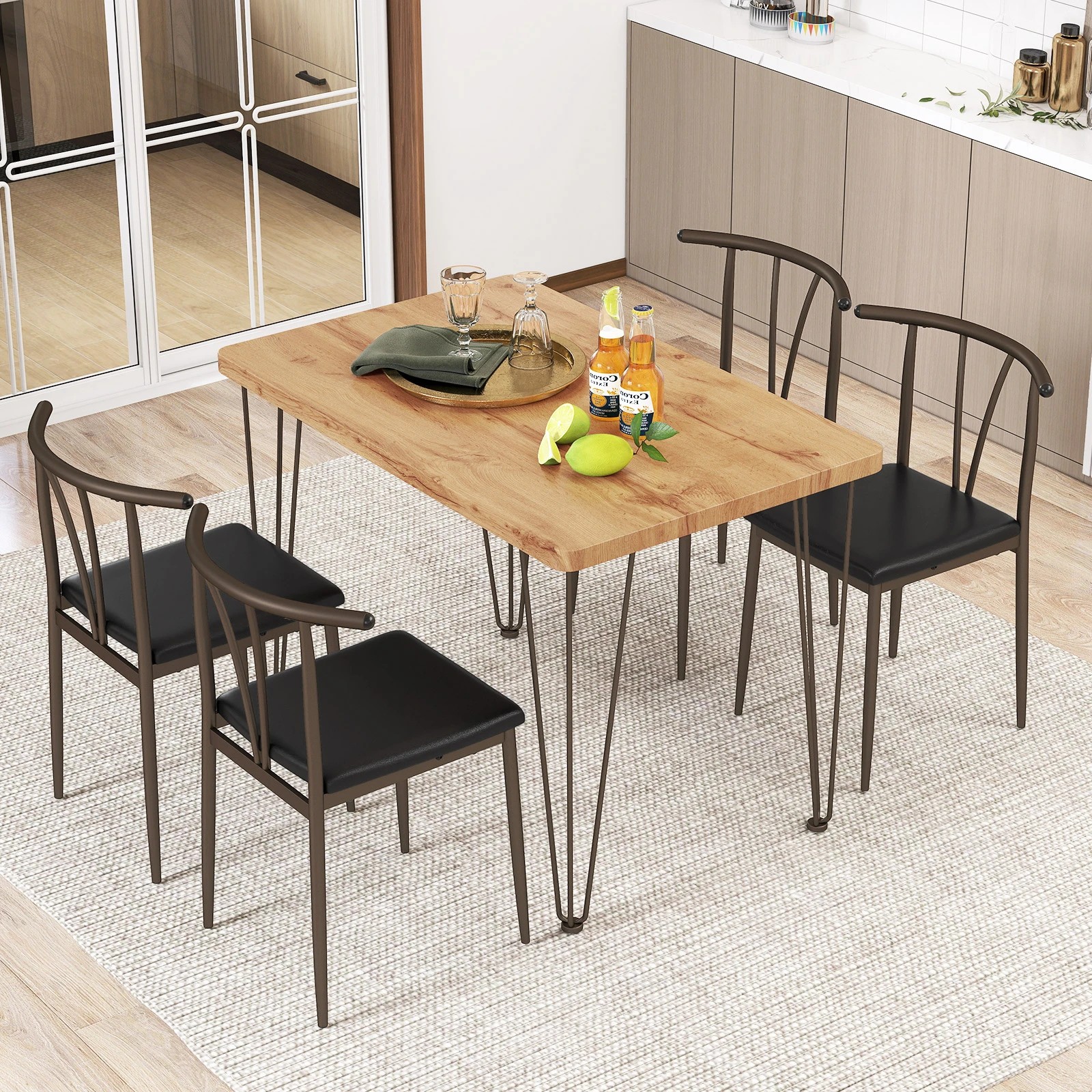3 Costway 5PCS Dining Table Set Kitchen Table & 4 Armless Chairs Dining Room Furniture Set - Brown, 3 of 4