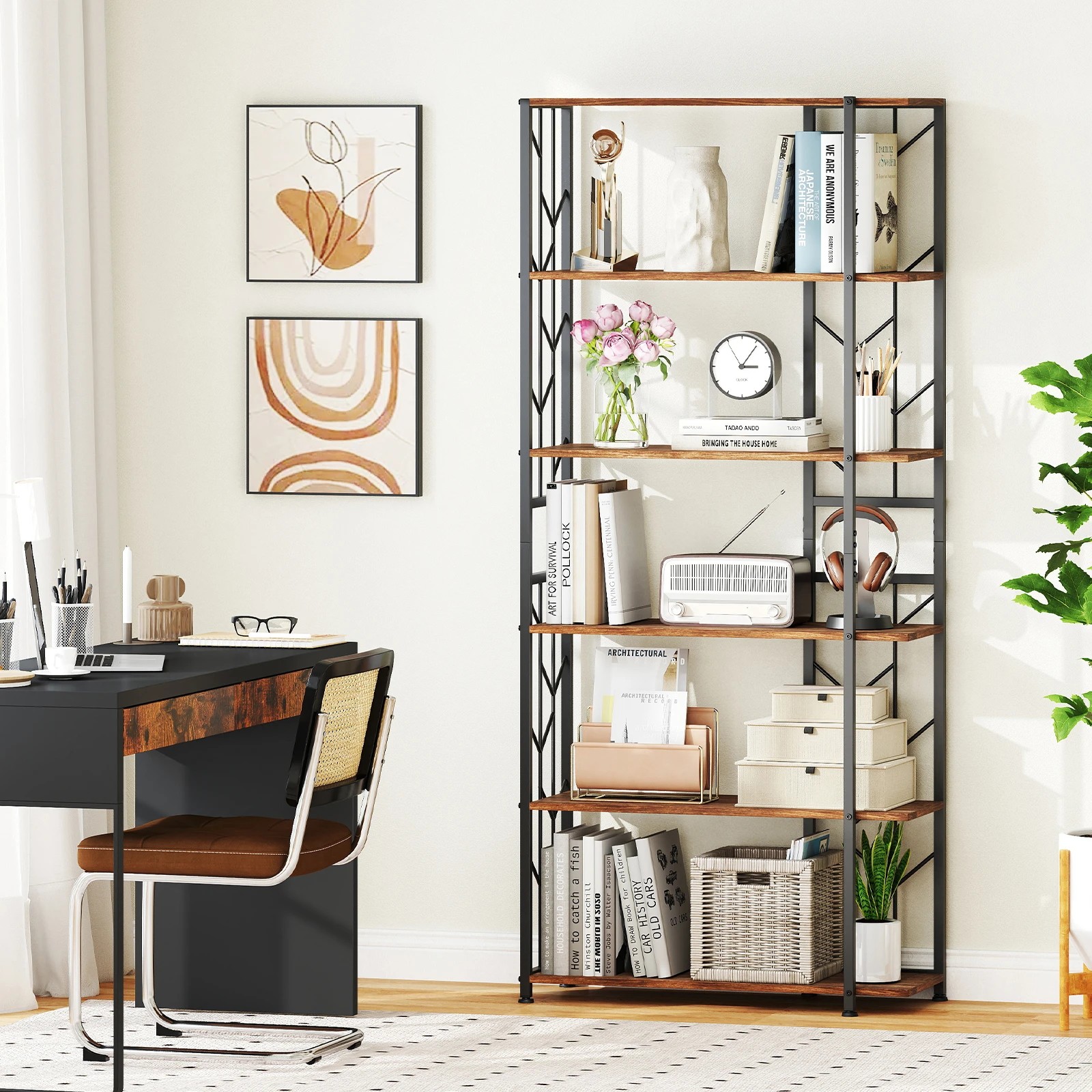 2 Costway 6-Tier Bookshelf Modern Geometric Bookcase w/2 Anti-tipping Kits Display Storage Rack - Brown, 2 of 3