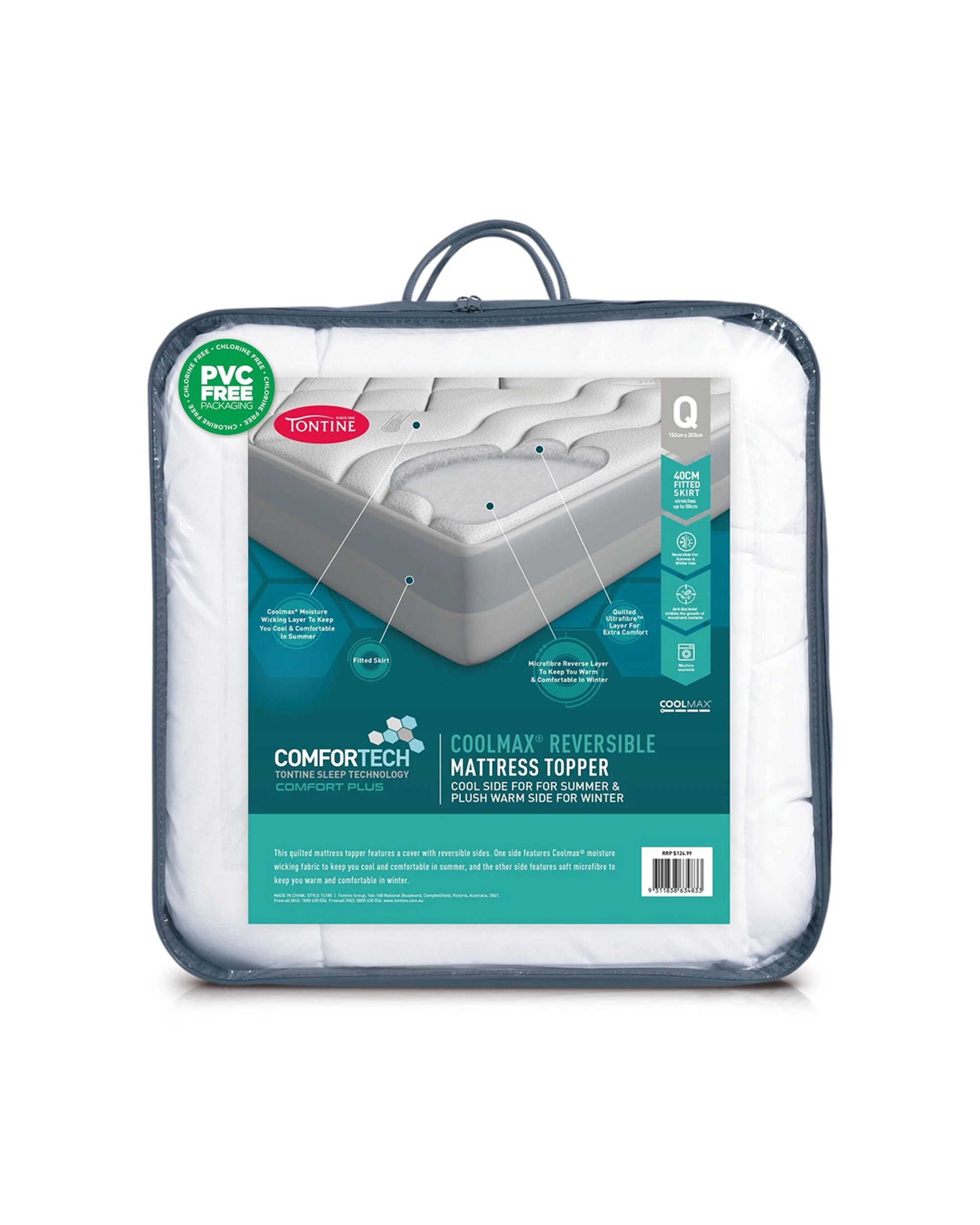 1 Tontine Reversible Coolmax Quilted Mattress Topper Queen Bed 152x203cm
 - White, 1 of 3