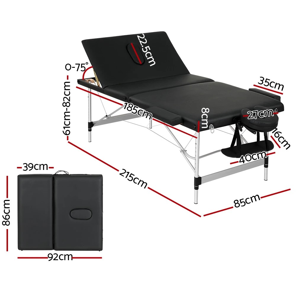 2 Zenses Massage Table 85cm Portable 3 Fold Aluminium Beauty Bed - Black, 2 of 6
