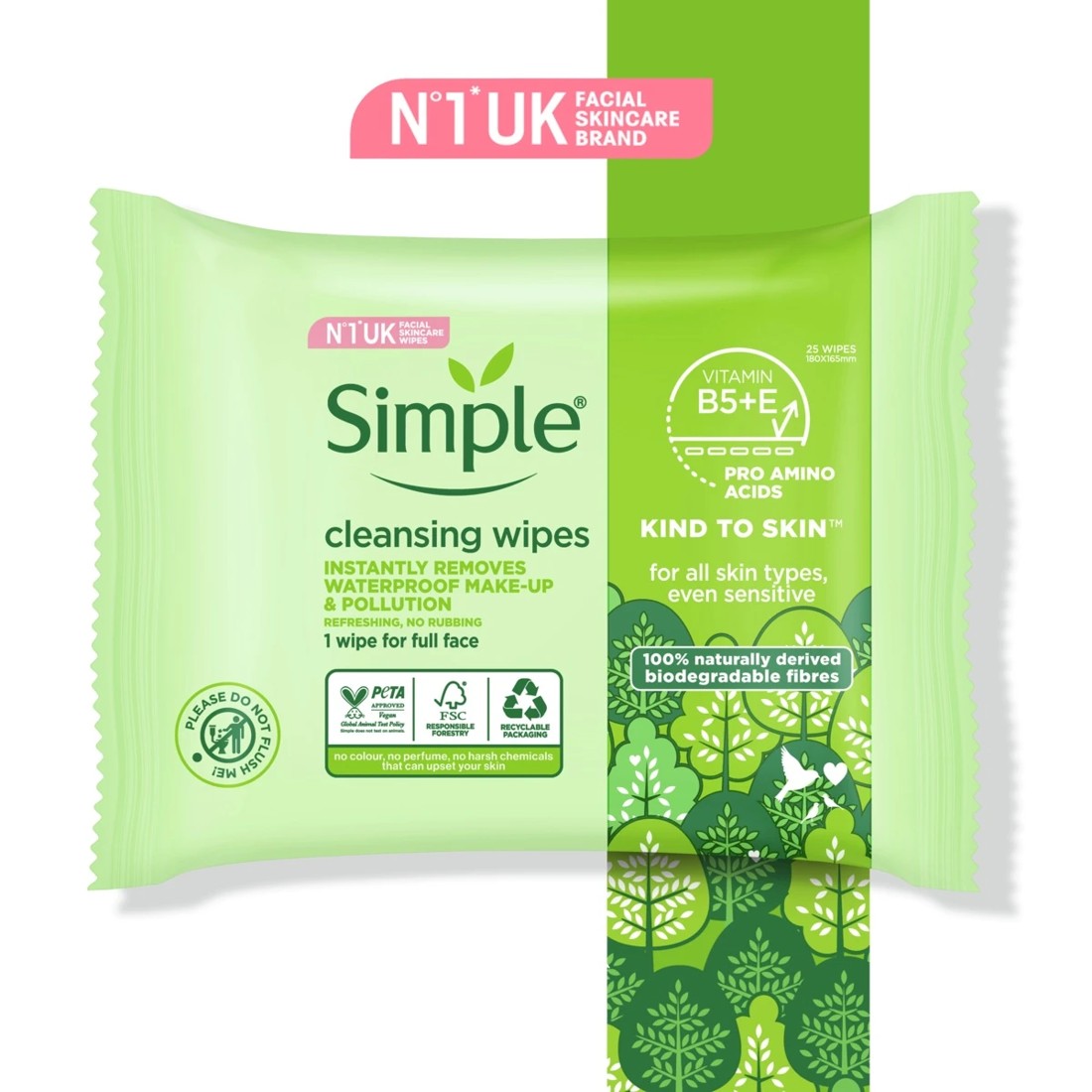 5 25 Pack Simple Kind to Skin Biodegradable Cleansing Wipes - Vitamin B5, Vitamin E and Pro Amino Acids, 5 of 9