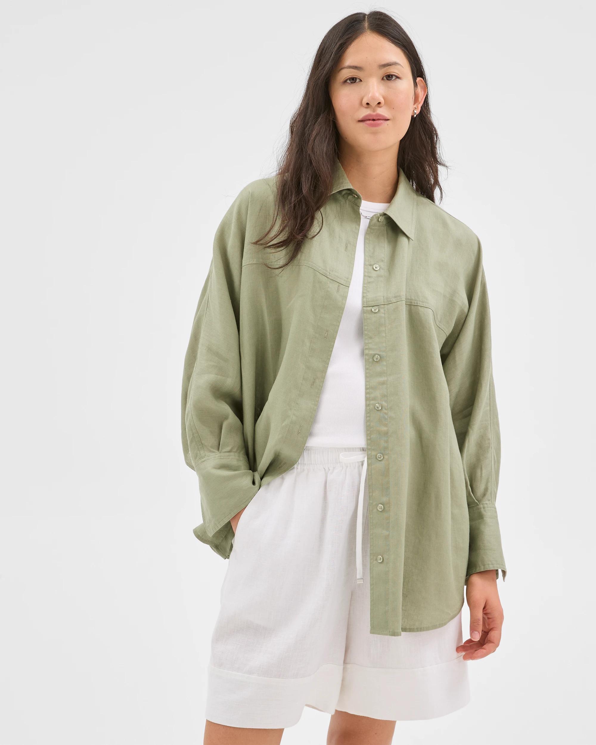 3 Target Woman European Linen Long Sleeve Shirt SOFT SAGE, 3 of 5