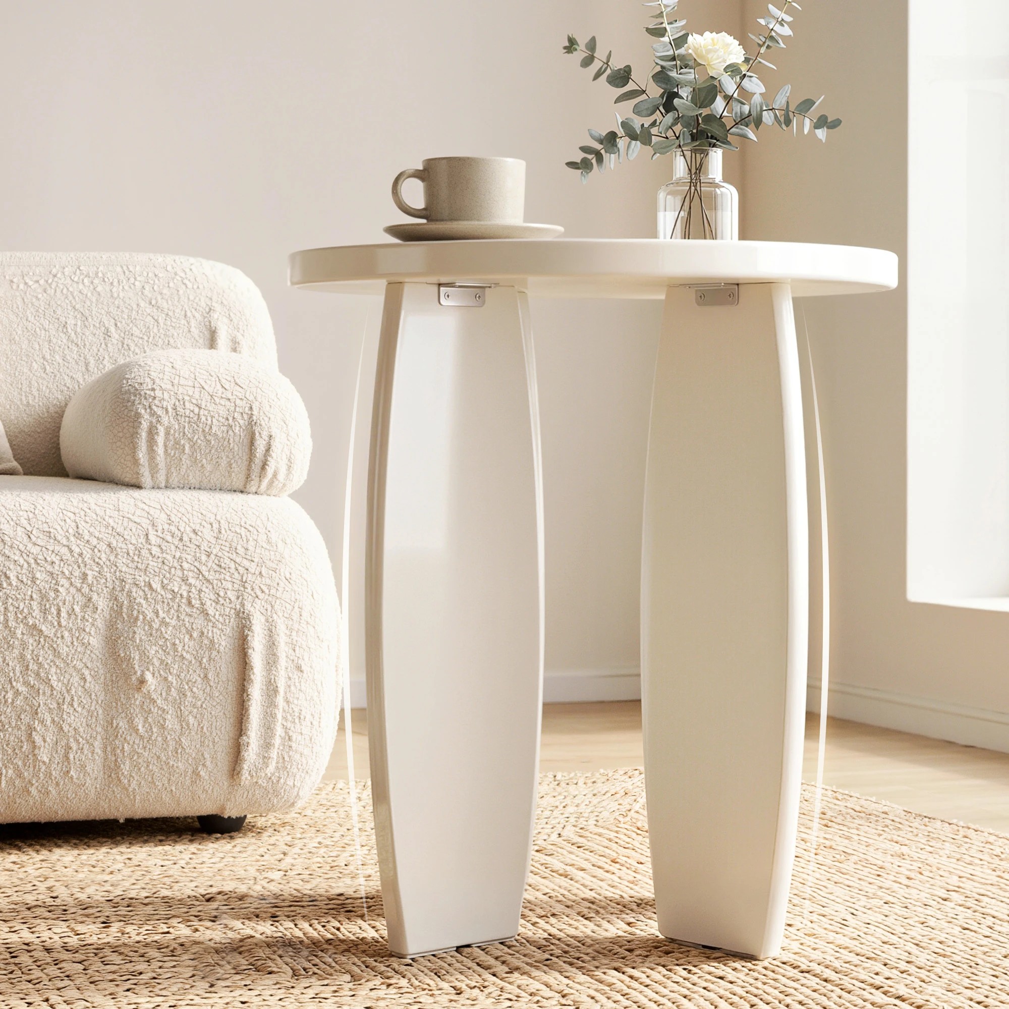 6 Artiss Round End Table High-Gloss Small Coffee Table Side Bedside Nightstand 40x45cm Cream white - White, 6 of 9