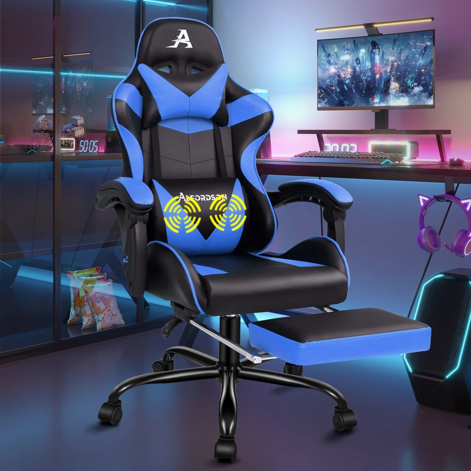 2 Alfordson Gaming Chair Office Executive Racing Footrest Seat PU Leather - Blue, 2 of 10