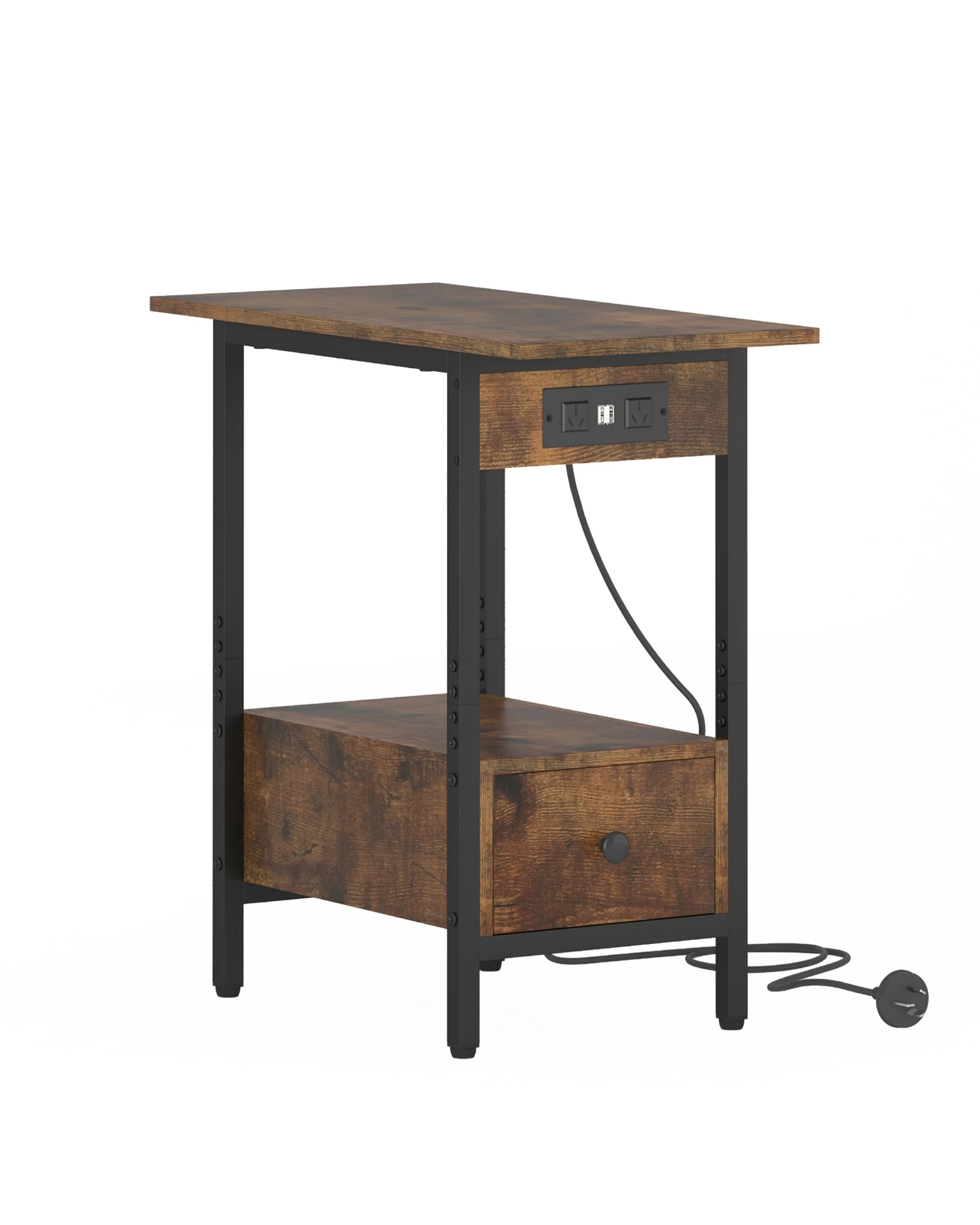 1 Advwin Side Table W/ Charging Station & Drawer Walnut, 1 of 5