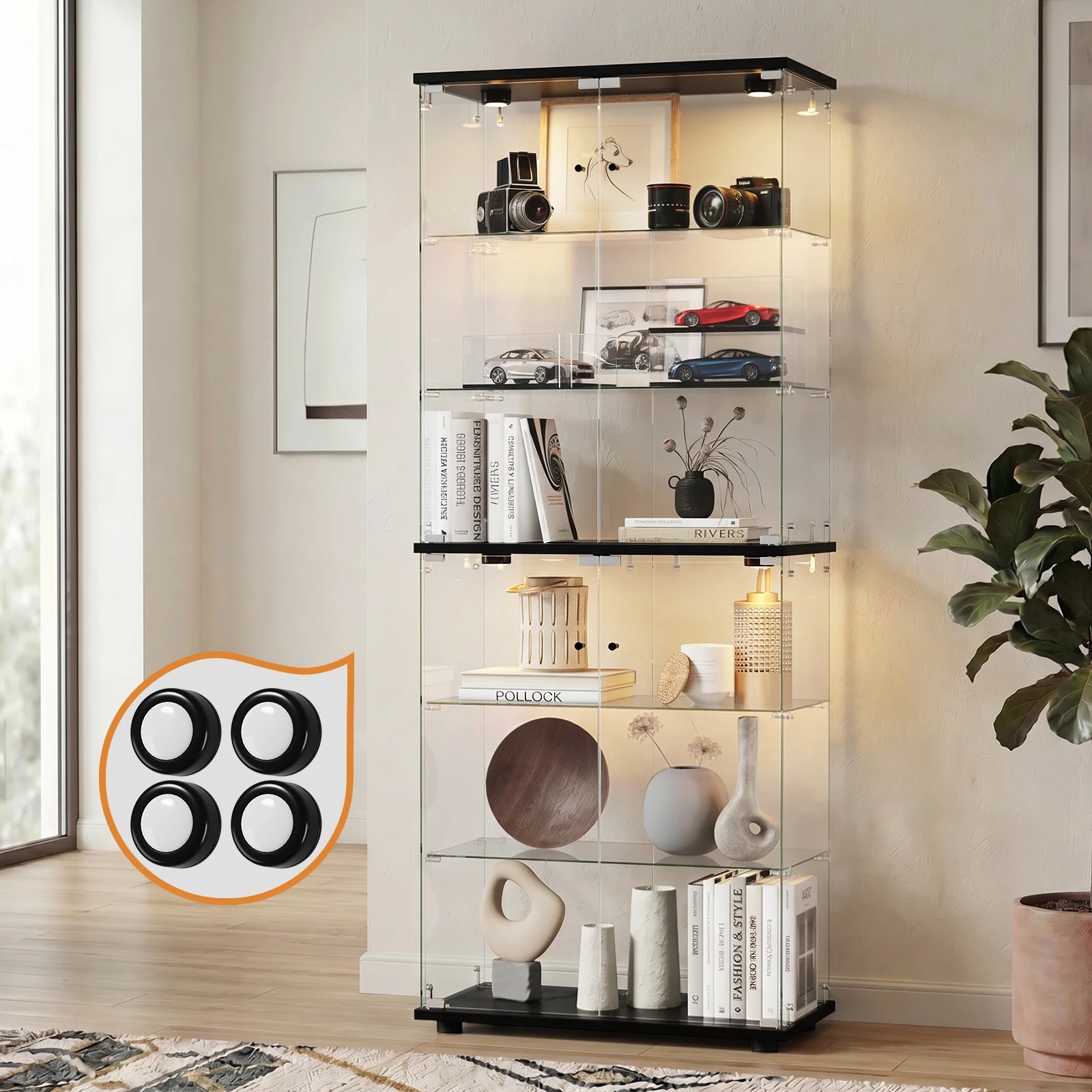 3 Oikiture Glass Display Cabinet 6-Tier LED Light Bookcase With 2 Doors - Black, 3 of 9