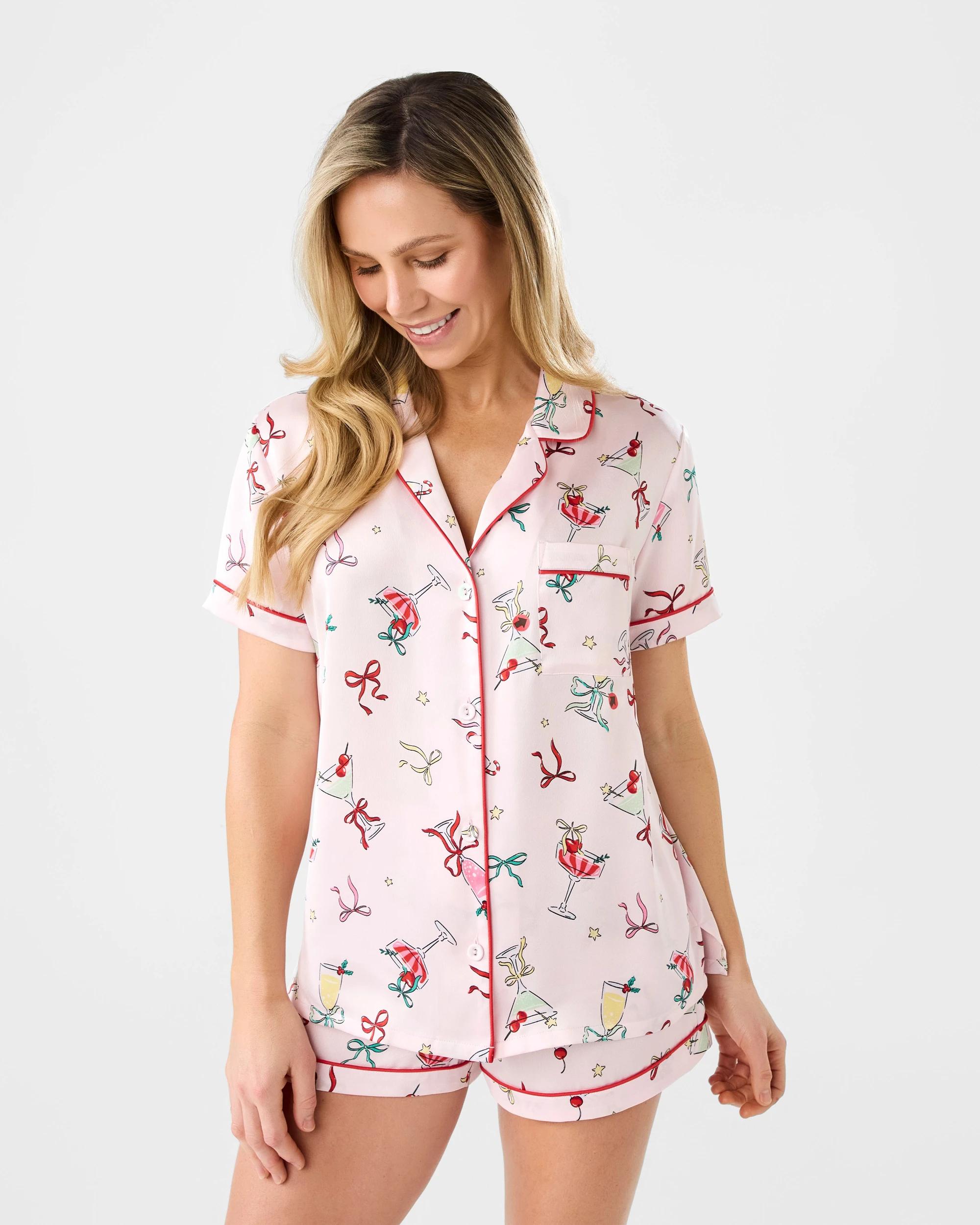 1 Christmas Short Sleeve and Short Satin Pyjama Set Xmas Wine, 1 of 9