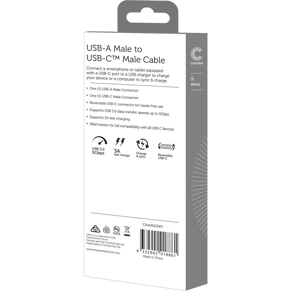 2 Comsol USB-A to USB-C USB 3.0 Cable 1.2m White, 2 of 3