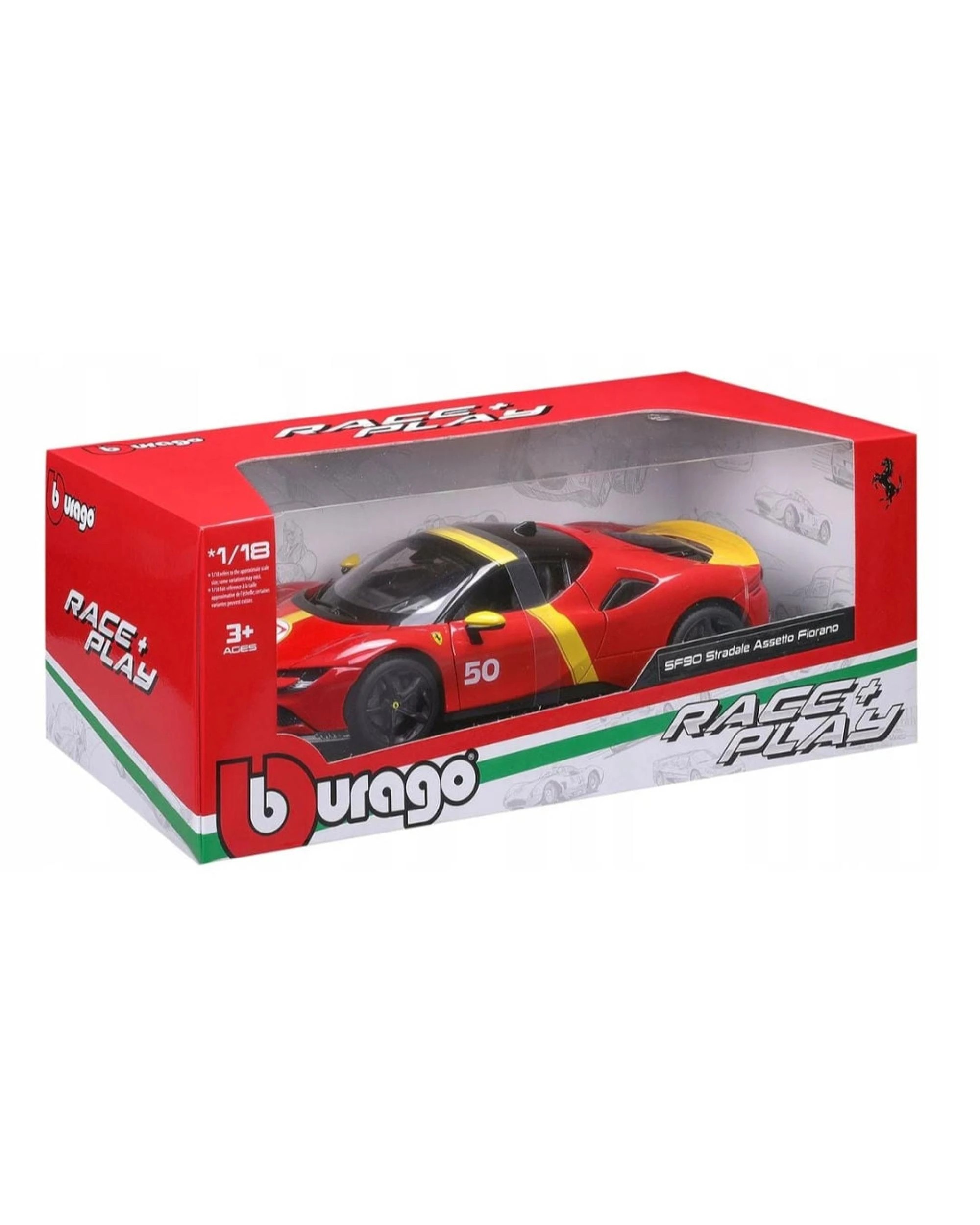 2 Bburago Race and Play 2024 Ferrari SF90 Stradale Assetto Fiorano #50 Red and Yellow 1:18 Scale Diecast Vehicle, 2 of 10