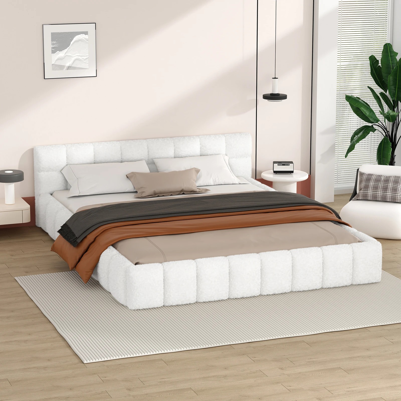 6 Alfordson Bed Frame Double Size Tufted Headboard Foundation Boucle Talmon - White, 6 of 10