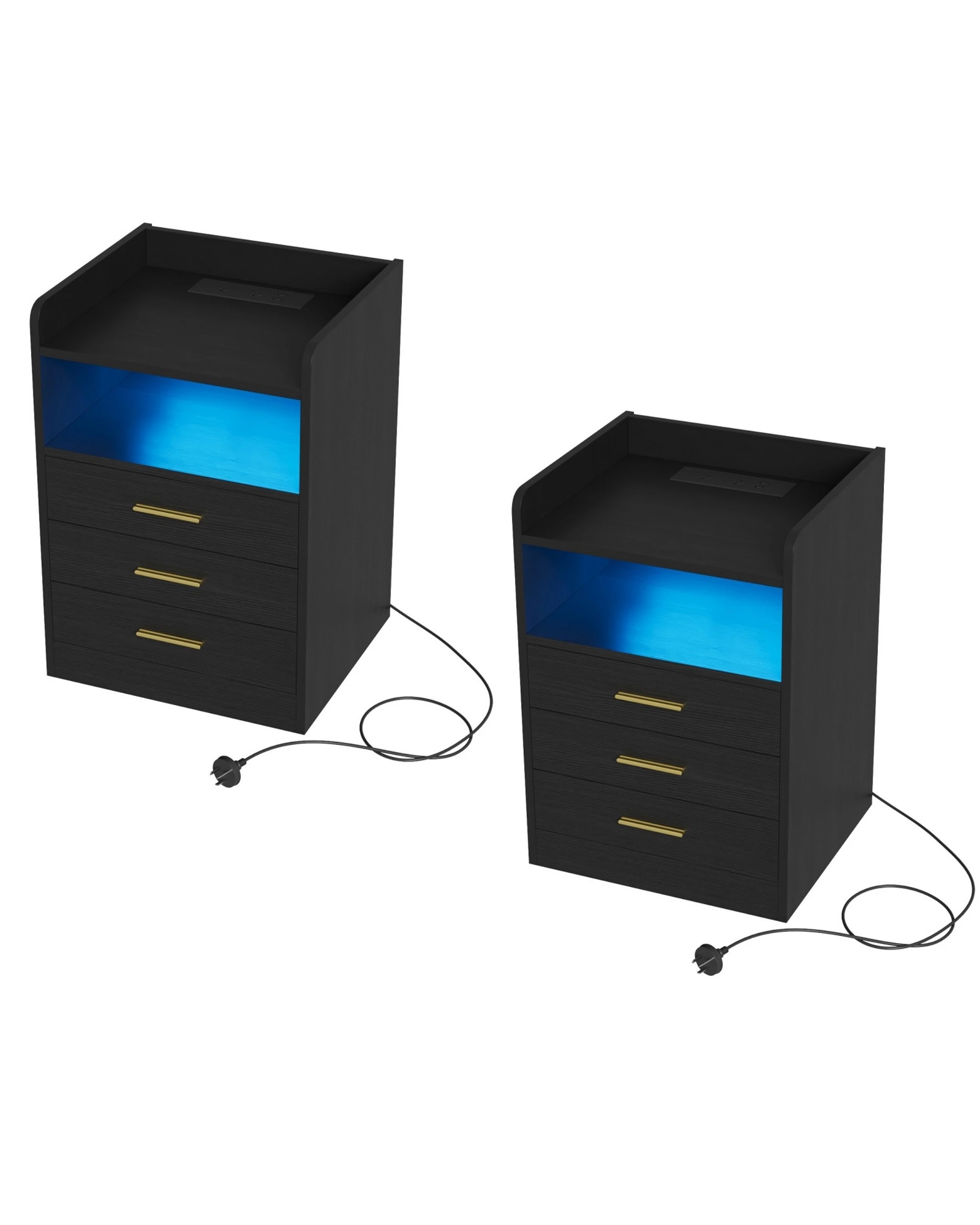1 Advwin Bedside Table Set of 2 RGB LED Nightstand Charging Station 3 Drawers Cabinet - Black, 1 of 3