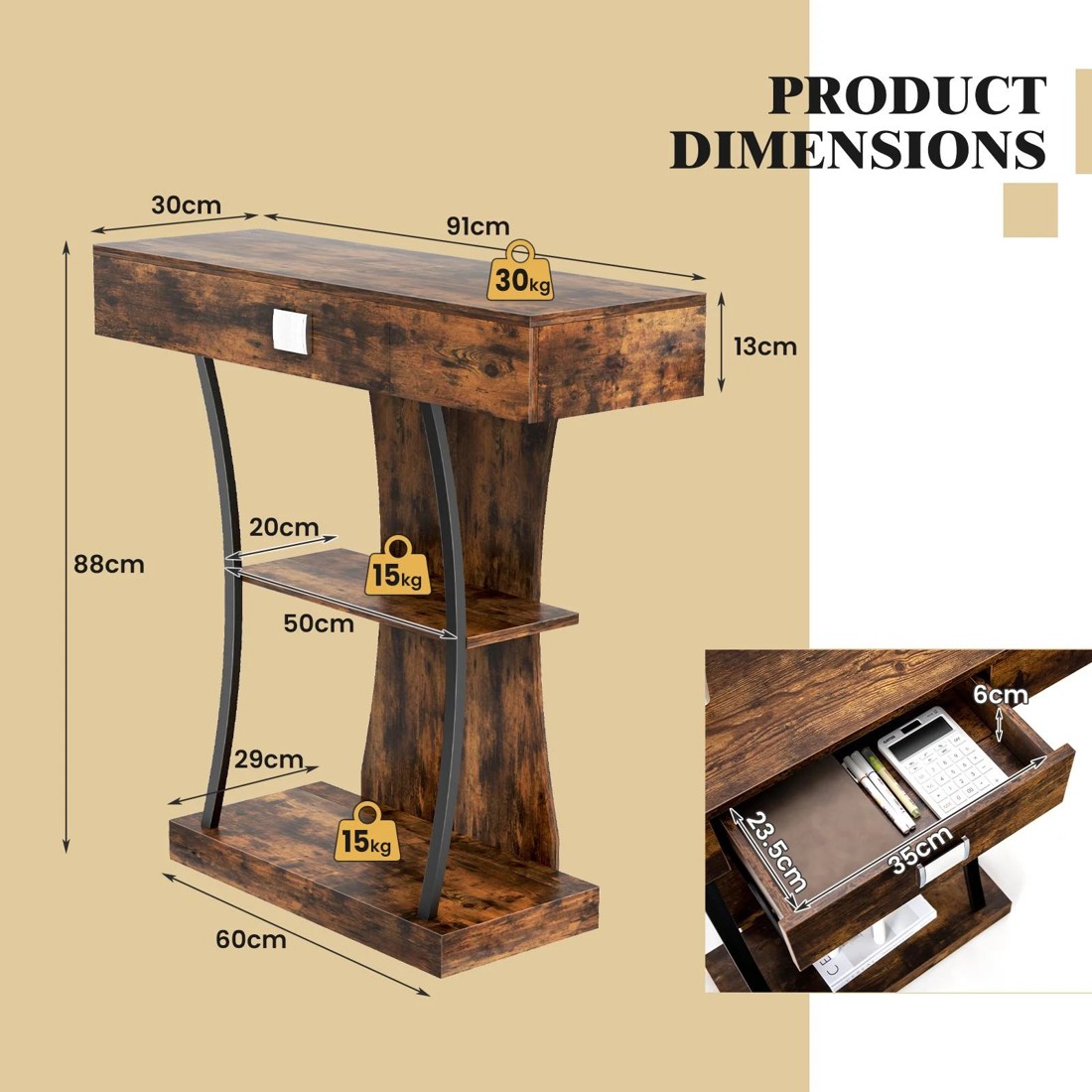 4 Costway 3-Tier Industrial Hall Table w/Drawer Side Table - Brown, 4 of 9