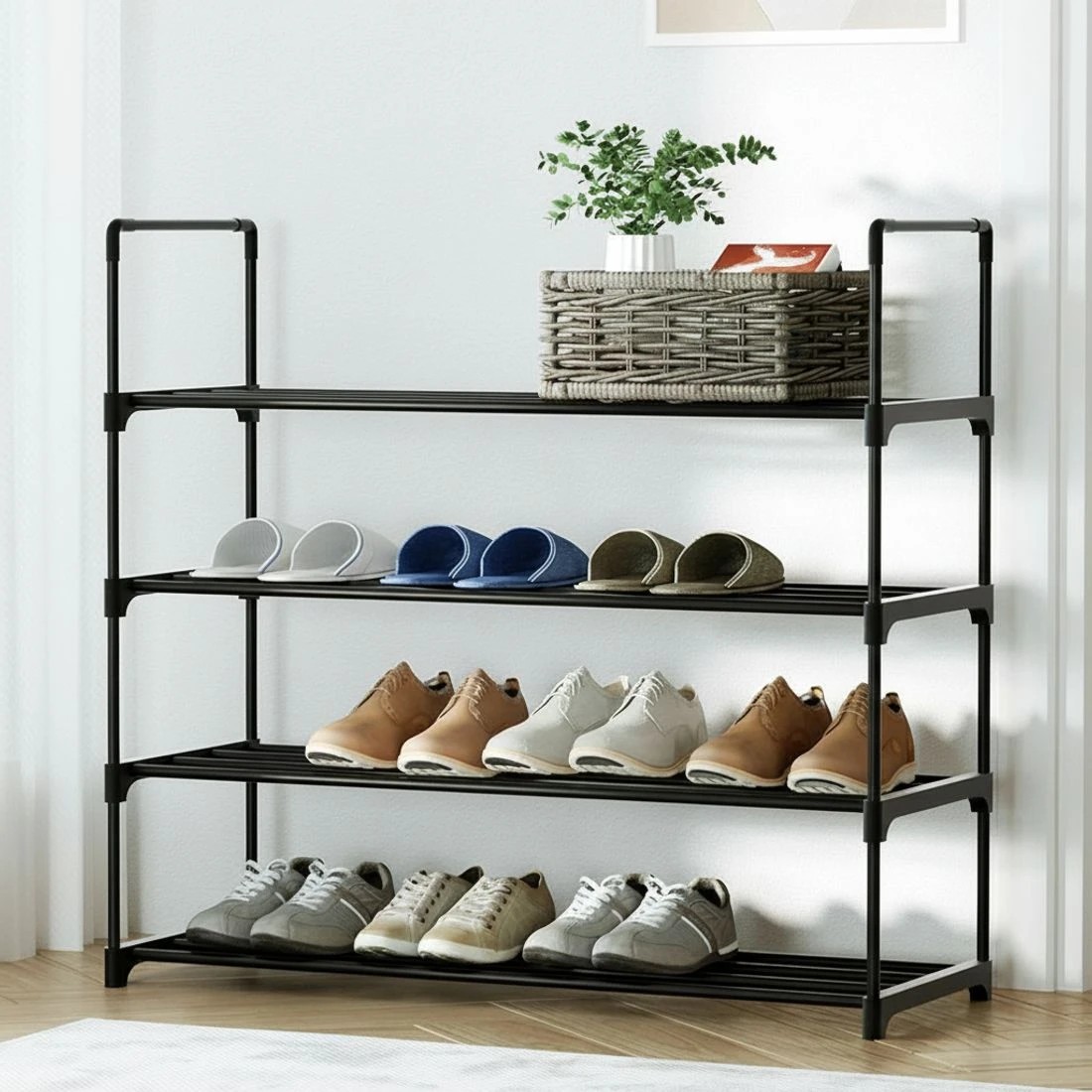 1 Artiss Shoe Rack Cabinet Stackable 4-Tier 16 Pairs Entryway Storage Organizer Easy Clean Sturdy Space Saving - Black, 1 of 8