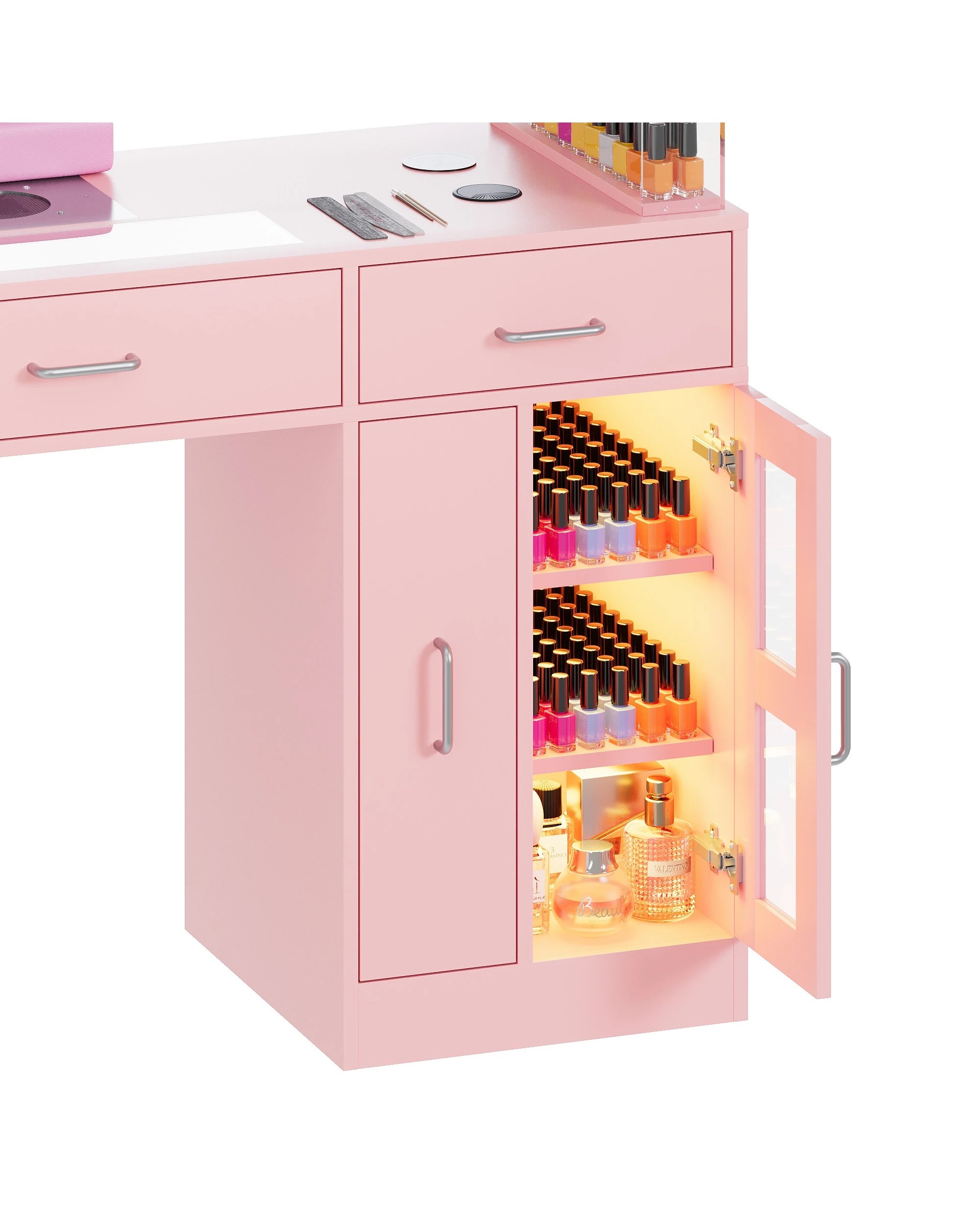 4 Advwin Vanity Nail Desk Manicure Table w/Glass Top Drawer Dust Collector Wireless Charging LED Light - Pink, 4 of 9