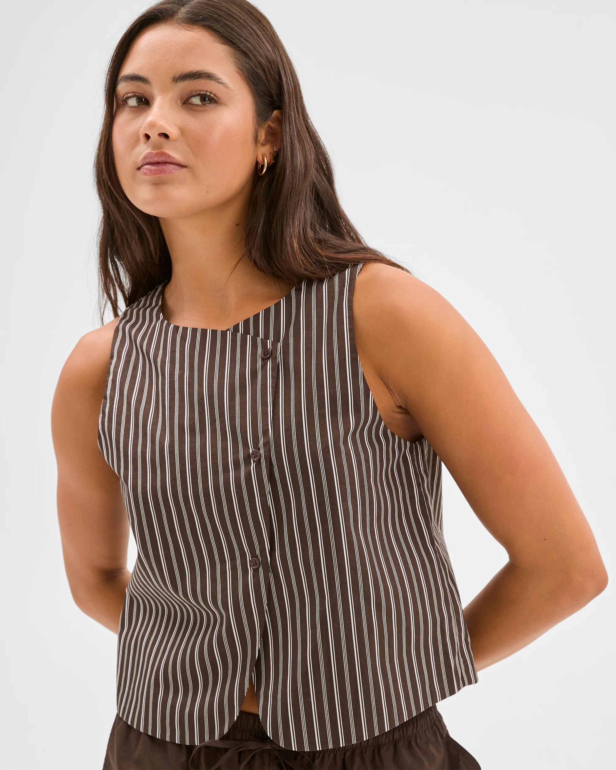 3 Australian Cotton Asymmetrical Vest - Lily Loves BROWN/CREAM STRIPE, 3 of 5