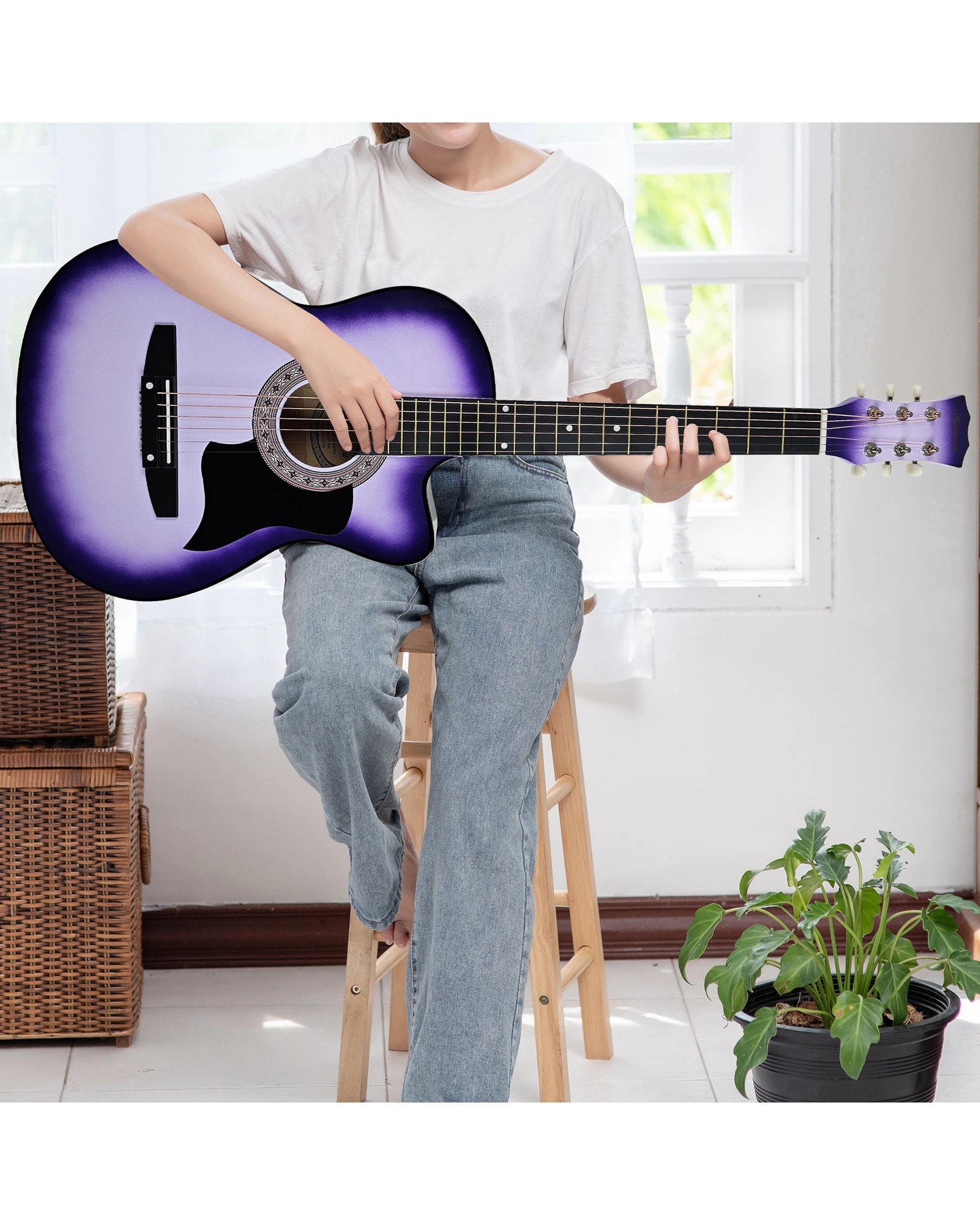 10 Karrera 38in Cutaway Acoustic Guitar with Guitar Bag in Purple Burst - Purple, 10 of 10