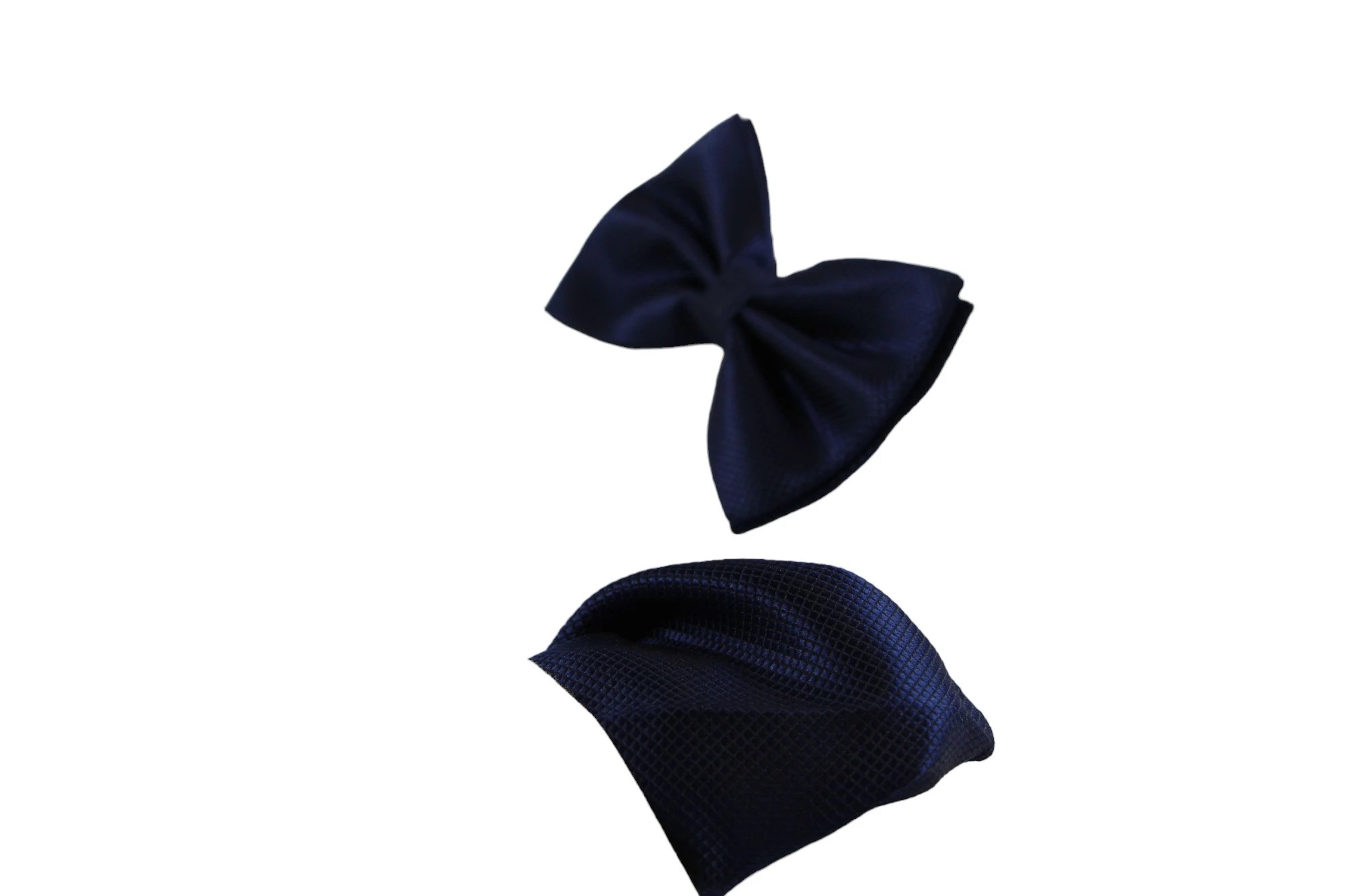 4 Zasel Mens Navy Plain Coloured Checkered Bow Tie & Matching Pocket Square Set - Blue - Blue, 4 of 4