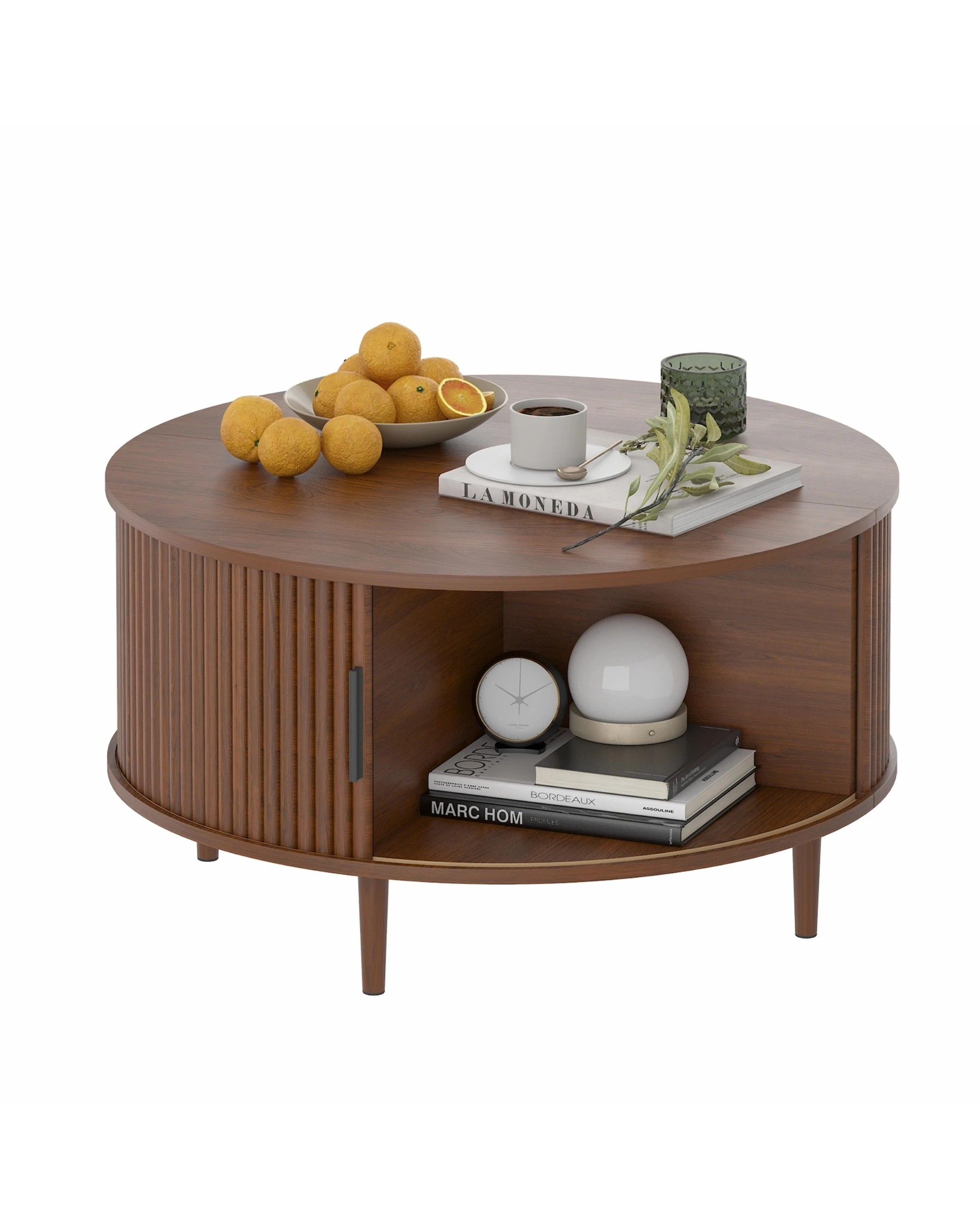 7 Advwin 80cm Round Coffee Table Fluted Center Table w/ Sliding Door Cabinet Side Table w/ Hidden Storage & Shelf, 7 of 9