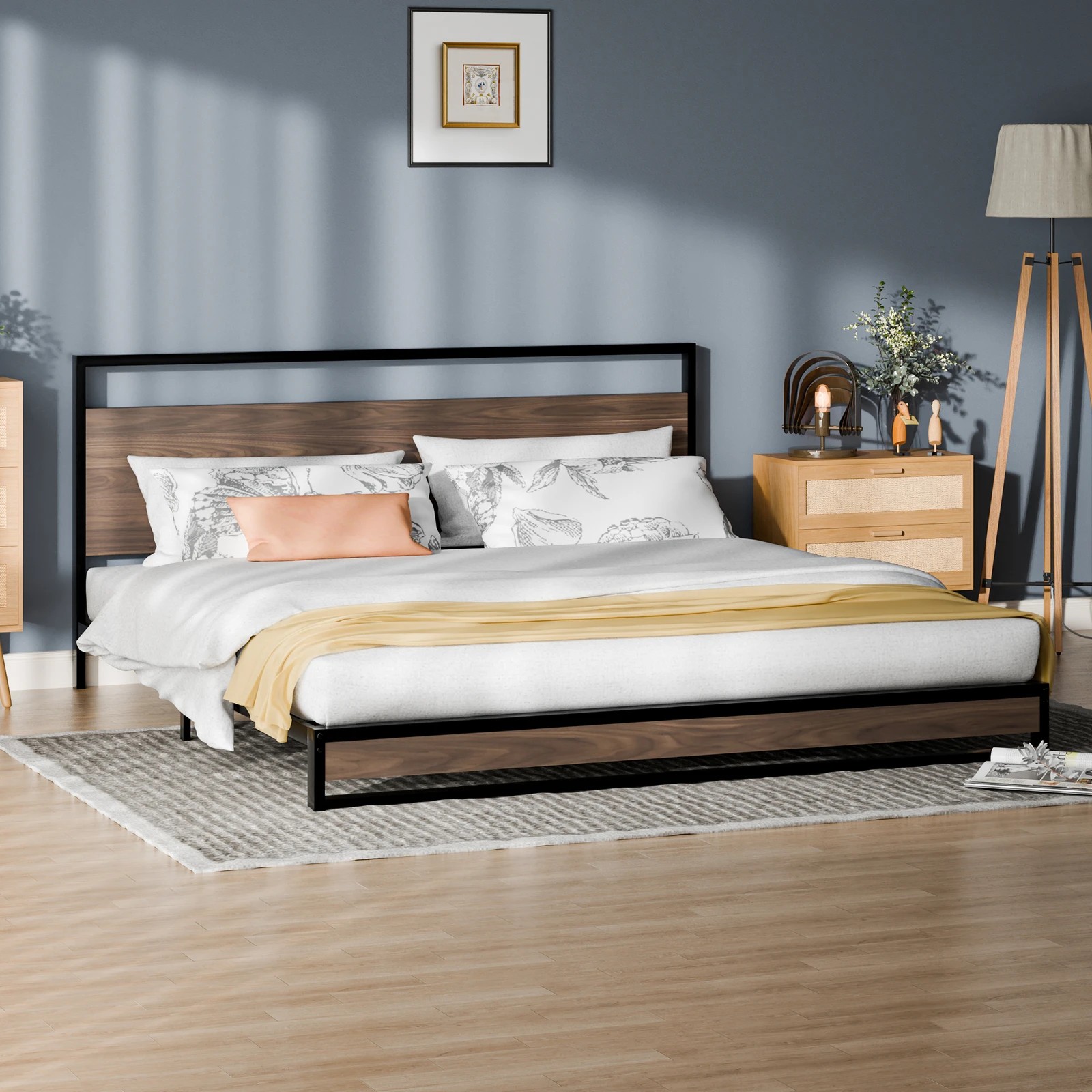 7 Alfordson Metal Bed Frame King Size Industrial Platform Mattress Base - Wood - Natural, 7 of 10