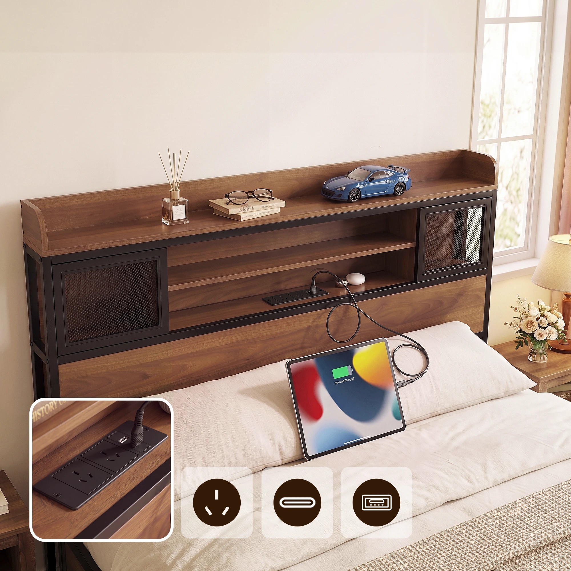 4 Artiss Frame with Charging Station 4 Drawers Storage - Queen Bed - Natural, 4 of 8