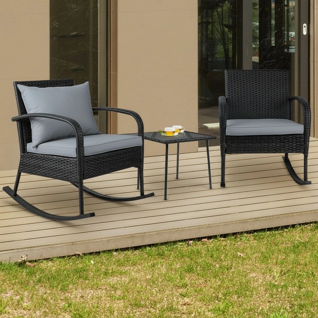 8 Gardeon 3PC Rocking Chair Table Wicker Outdoor Furniture Patio Bistro Set - Black, 8 of 8