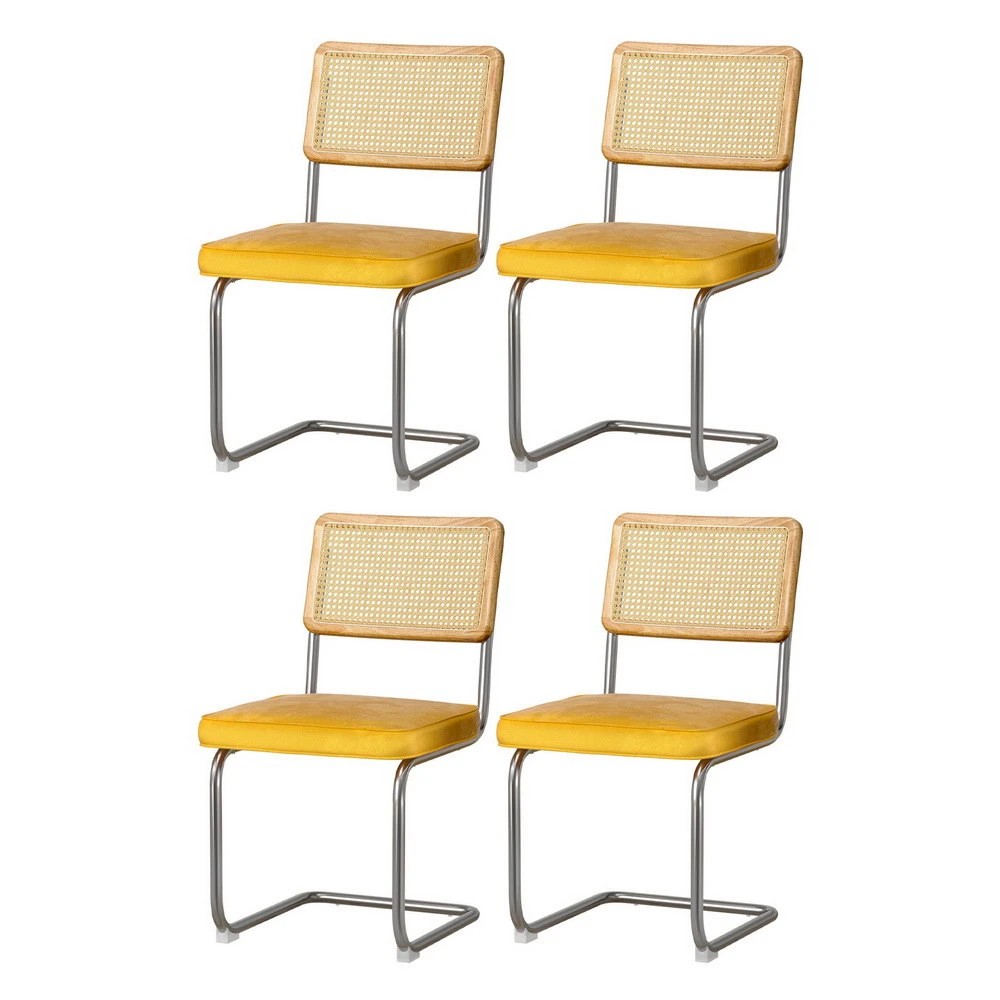 1 Artiss Dining Chairs Set of 4 Velvet Rattan Cantilever Yellow - Yellow, 1 of 6