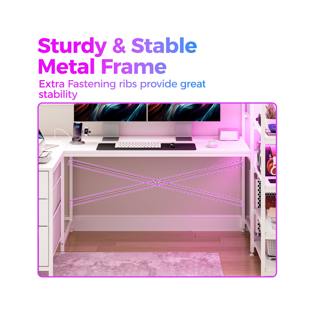 5 Advwin U Shaped Gaming Desk With Led Lights & Power Outlets Reversible 164cm Computer Desk With Bookshelf White, 5 of 10