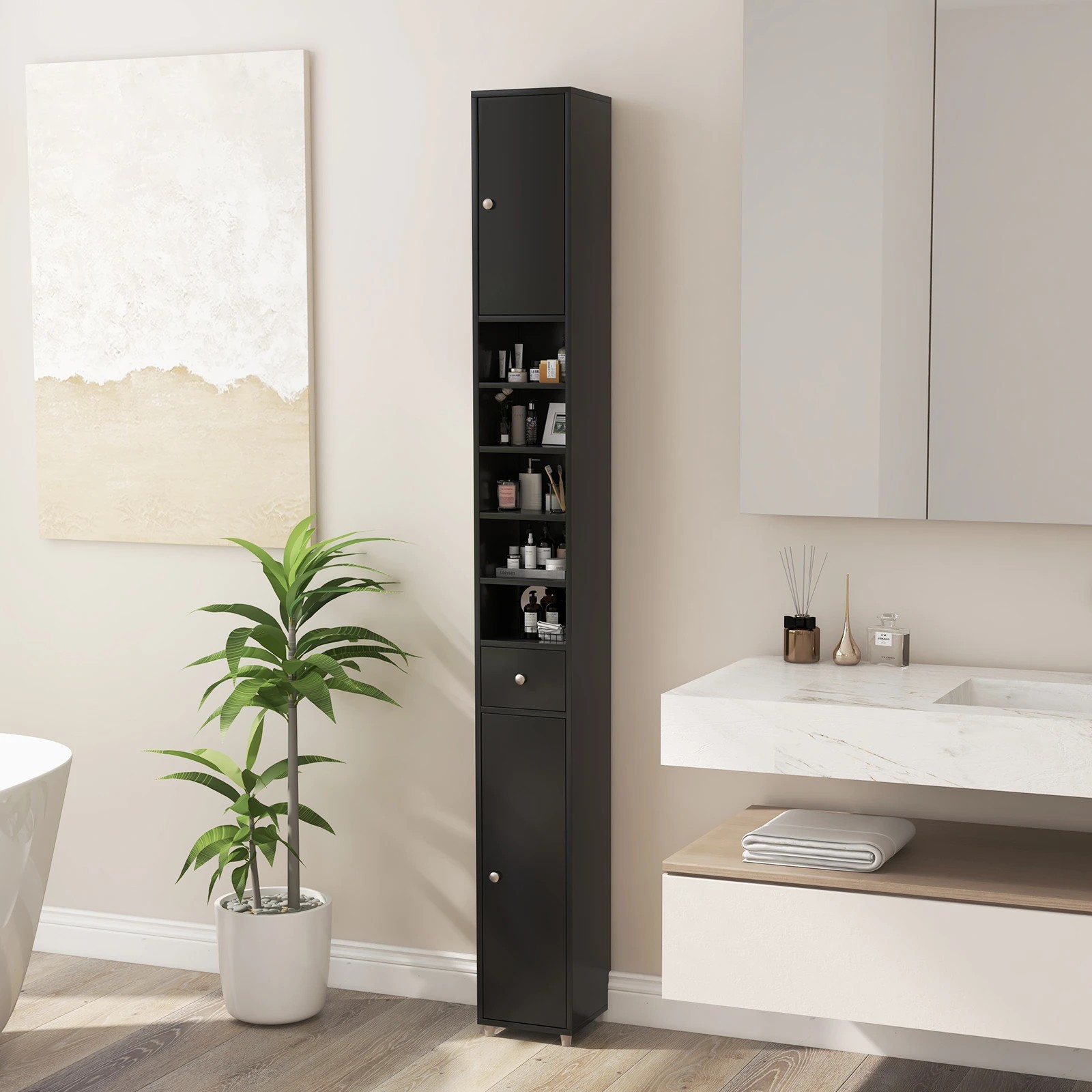 2 Costway 1.8M Slim Bathroom Cabinet Storage Organizer Kitchen Cupboard Sideboard - Black, 2 of 2