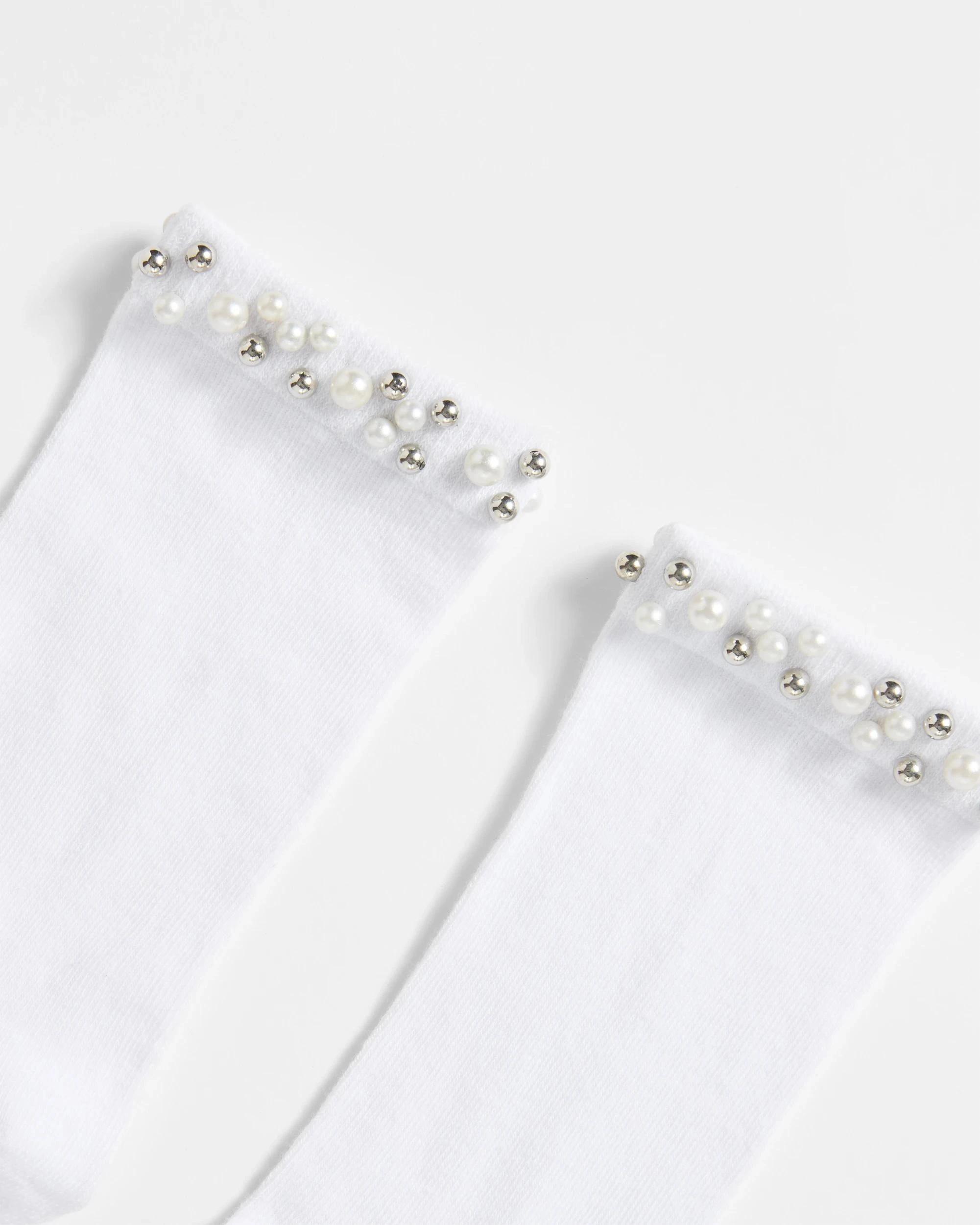 2 Target Woman Australian Cotton Blend Womens Pearl Trim Crew Fashion Socks WHITE, 2 of 3