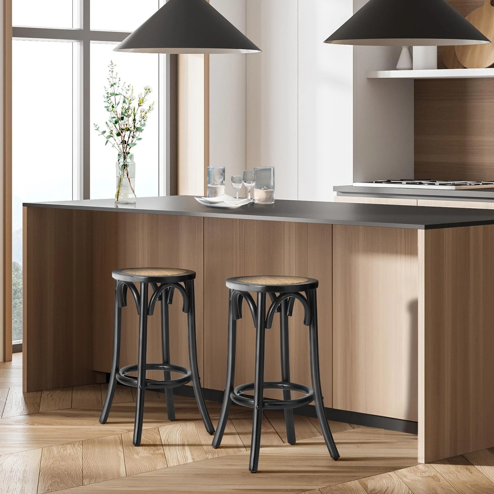 3 Oikiture Set Of 4 Bar Stools Kitchen Vintage Dining Chair Rattan Seat
 - Black, 3 of 10