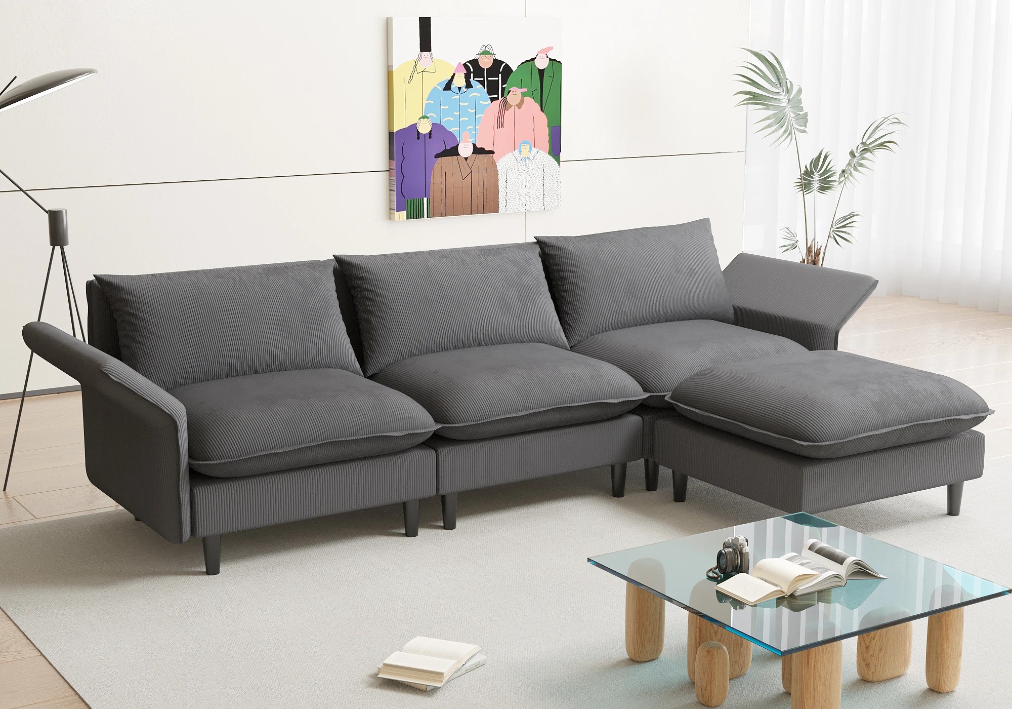 1 Advwin 230cm 3 Seater Sofa with Ottoman Corduroy Sectional Couch Adjustable Backrest & Armrest Grey, 1 of 6