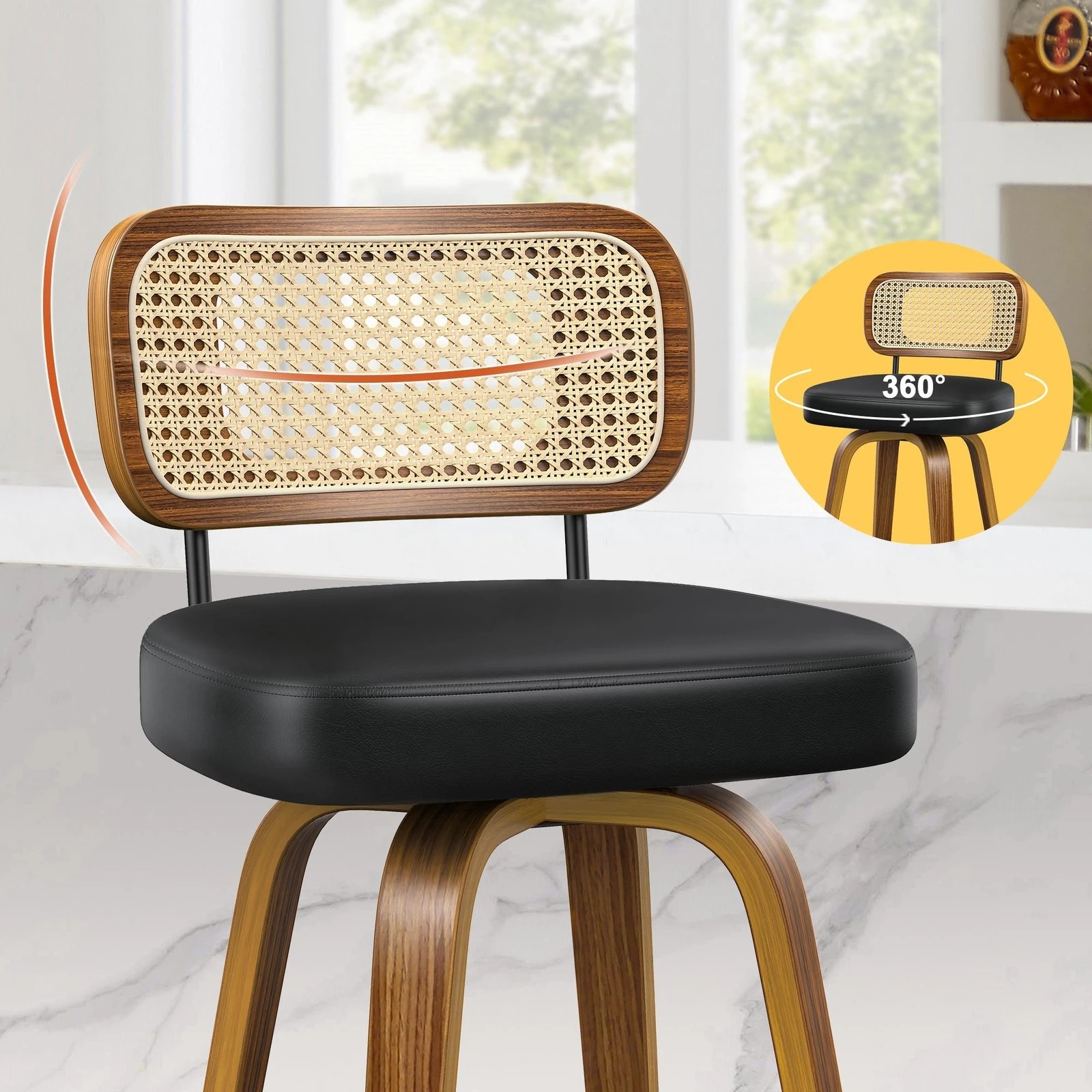 5 Alfordson 4x Bar Stools Kitchen Vintage Leather Seat Rattan Chair - Black, 5 of 9