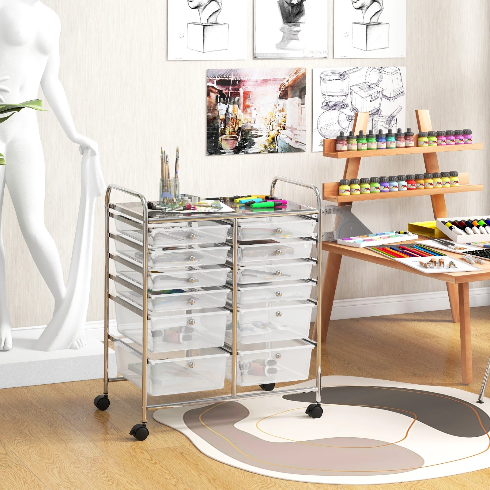 1 Costway 12 Drawers Rolling Storage Trolley Cart Filing Organizer - Clear, 1 of 3