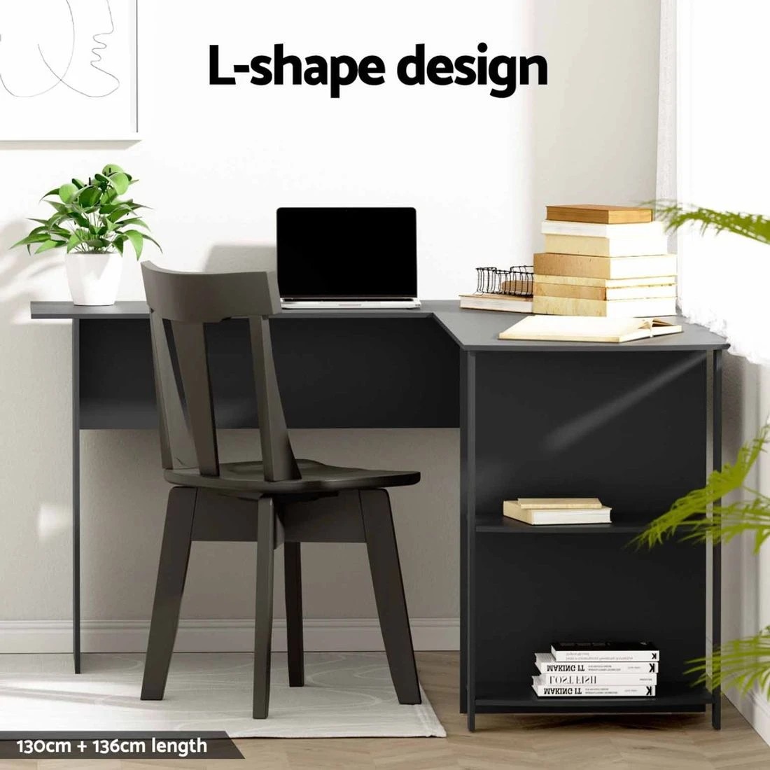 6 Artiss Computer Desk Shelf L-Shape Black 136CM
 - black, 6 of 8